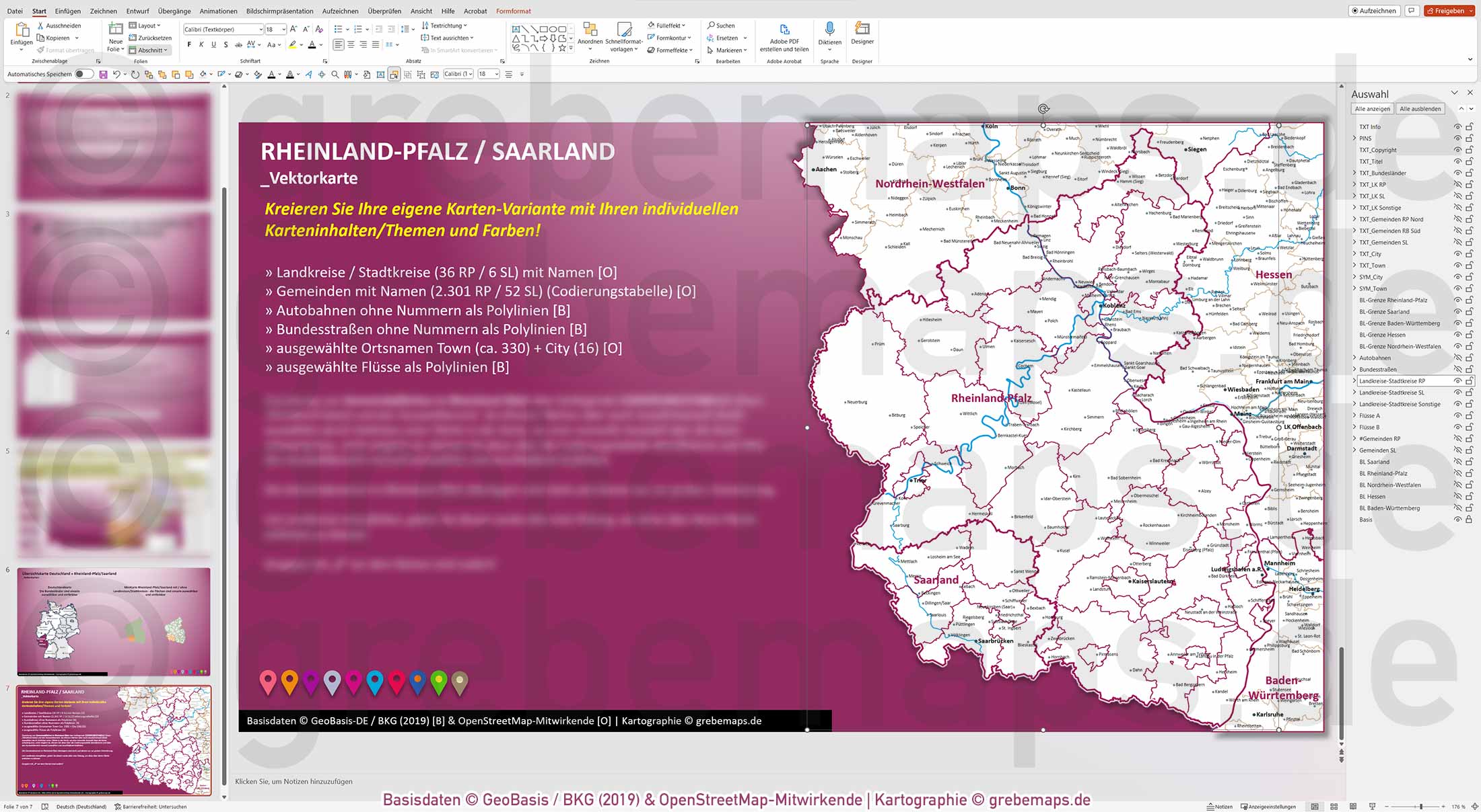 PowerPoint-Karte Rheinland-Pfalz / Saarland Gemeinden Landkreise einfärbbar bearbeitbar download - mit Deutschlandkarte (V2) mit Verbandsgemeinden Rheinland-Pfalz [Digital] – Bild 15