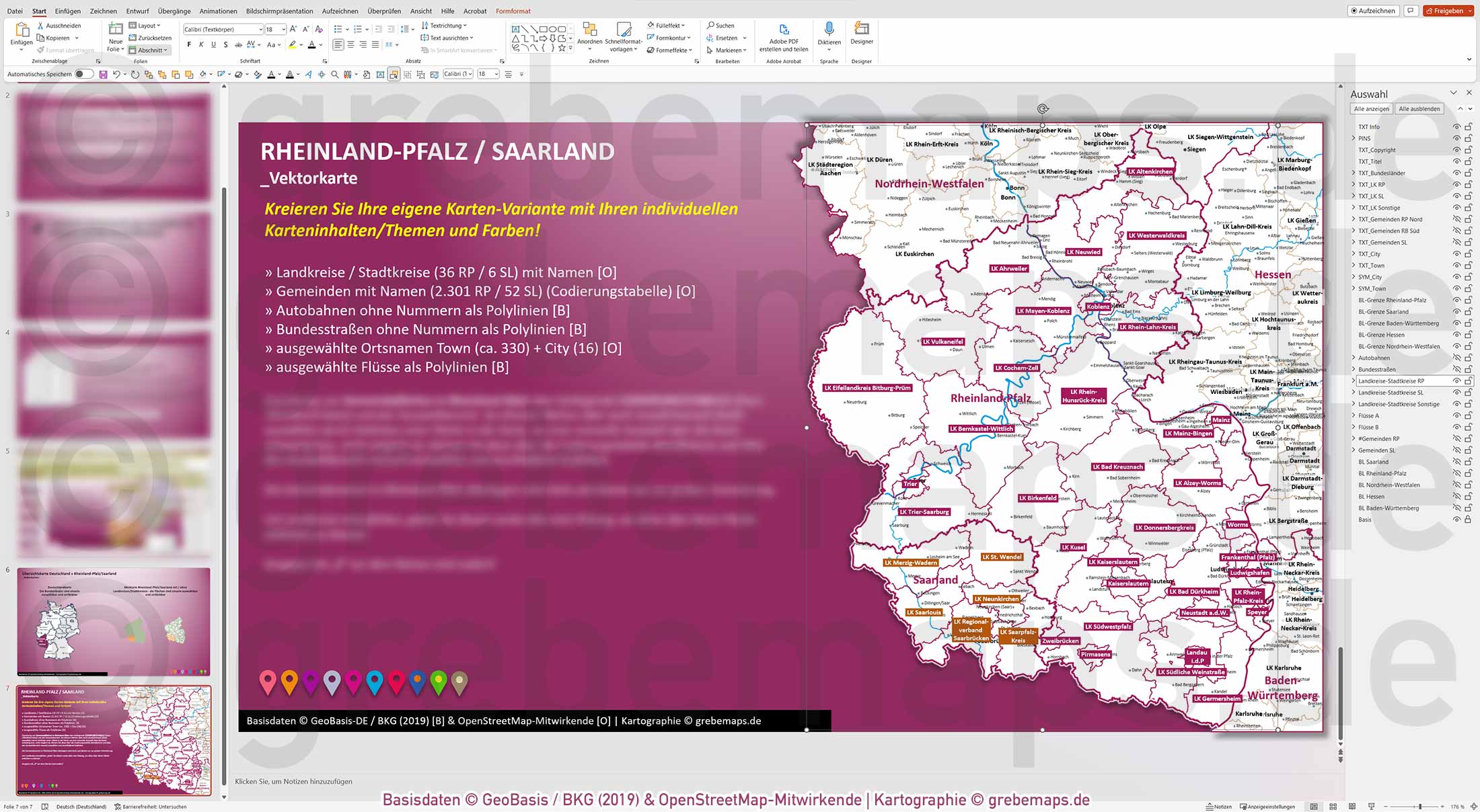 PowerPoint-Karte Rheinland-Pfalz / Saarland Gemeinden Landkreise einfärbbar bearbeitbar download - mit Deutschlandkarte (V2) mit Verbandsgemeinden Rheinland-Pfalz [Digital] – Bild 14