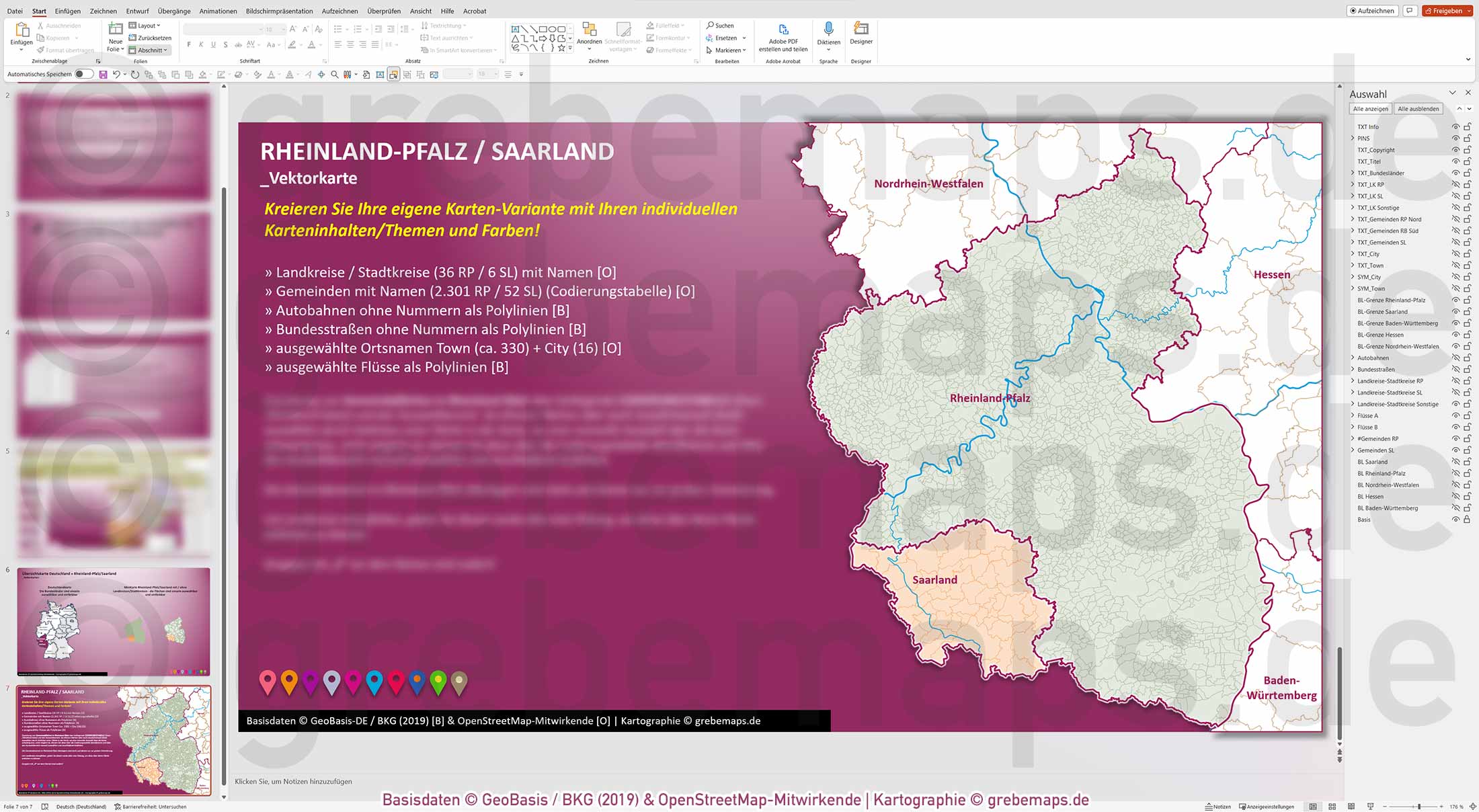 PowerPoint-Karte Rheinland-Pfalz / Saarland Gemeinden Landkreise einfärbbar bearbeitbar download - mit Deutschlandkarte (V2) mit Verbandsgemeinden Rheinland-Pfalz [Digital] – Bild 13