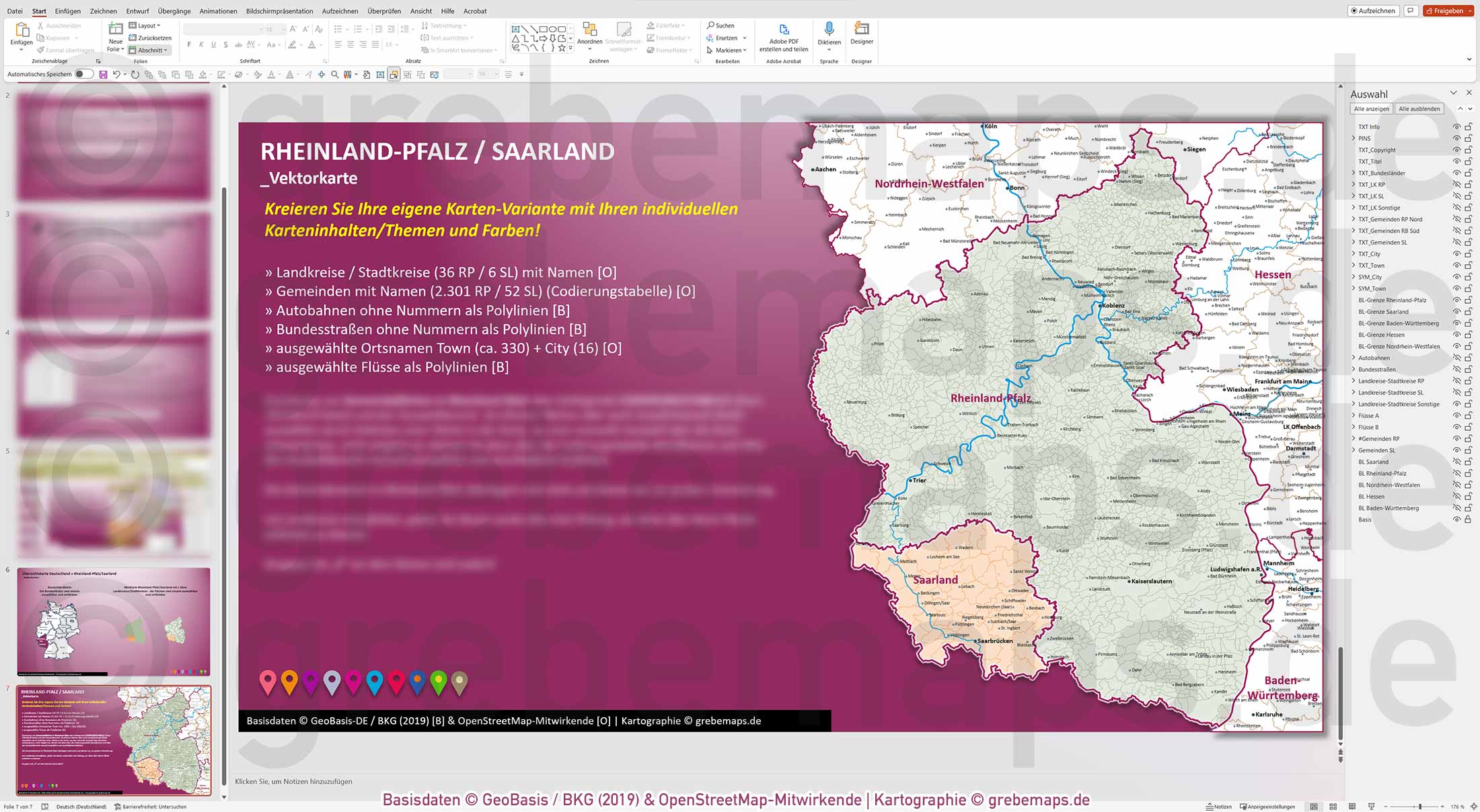 PowerPoint-Karte Rheinland-Pfalz / Saarland Gemeinden Landkreise einfärbbar bearbeitbar download - mit Deutschlandkarte (V2) mit Verbandsgemeinden Rheinland-Pfalz [Digital] – Bild 12