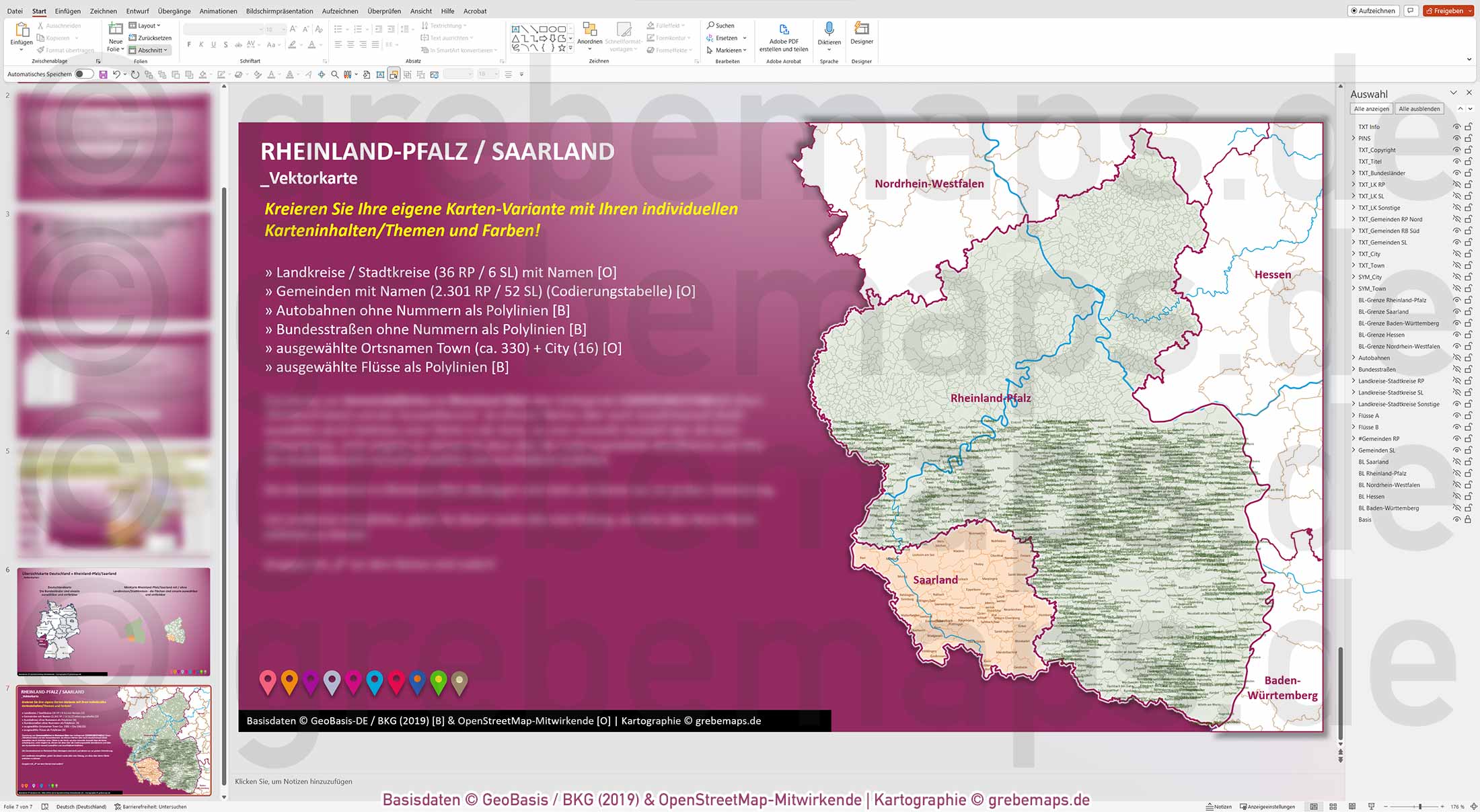PowerPoint-Karte Rheinland-Pfalz / Saarland Gemeinden Landkreise einfärbbar bearbeitbar download - mit Deutschlandkarte (V2) mit Verbandsgemeinden Rheinland-Pfalz [Digital] – Bild 11