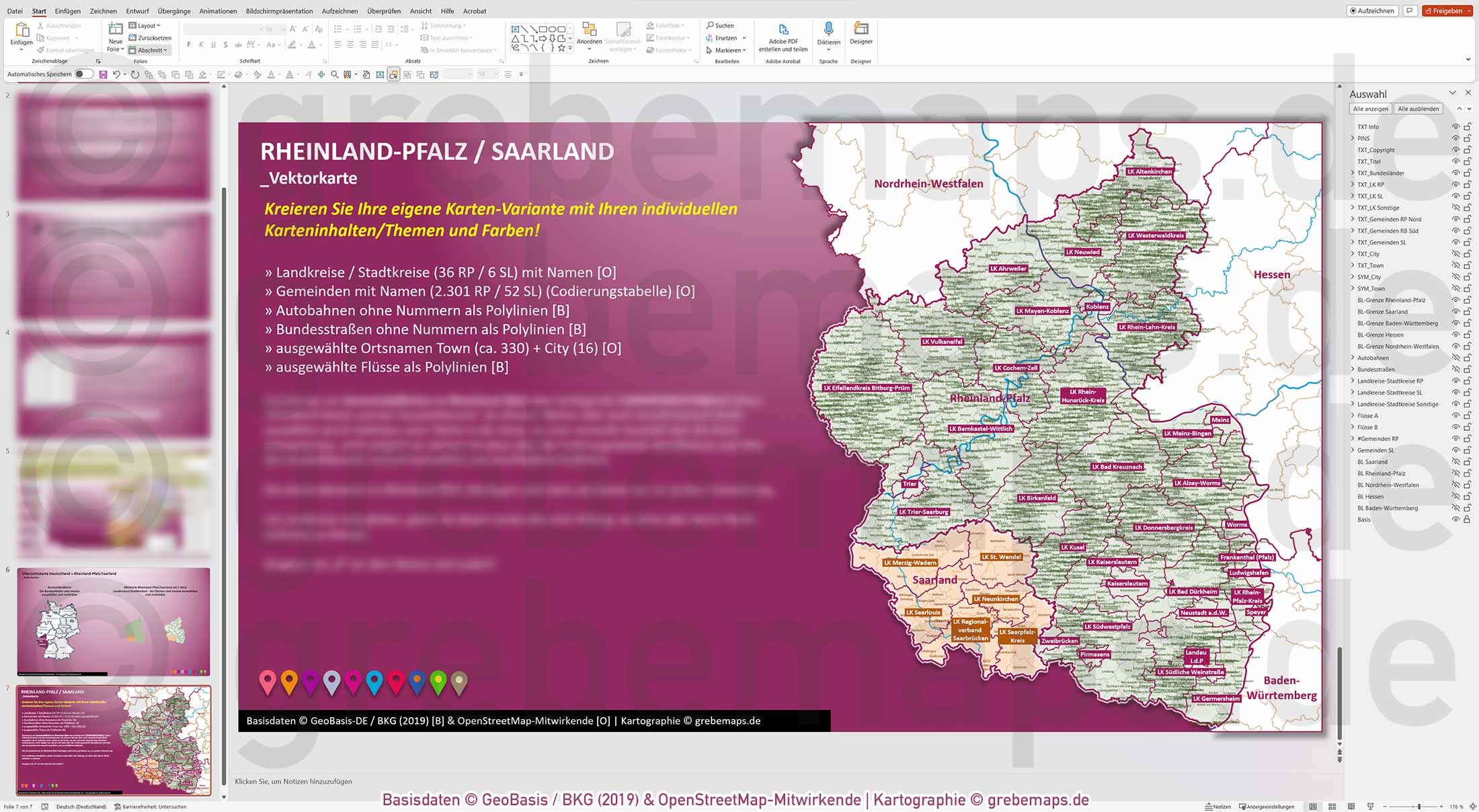 PowerPoint-Karte Rheinland-Pfalz / Saarland Gemeinden Landkreise einfärbbar bearbeitbar download - mit Deutschlandkarte (V2) mit Verbandsgemeinden Rheinland-Pfalz [Digital] – Bild 9