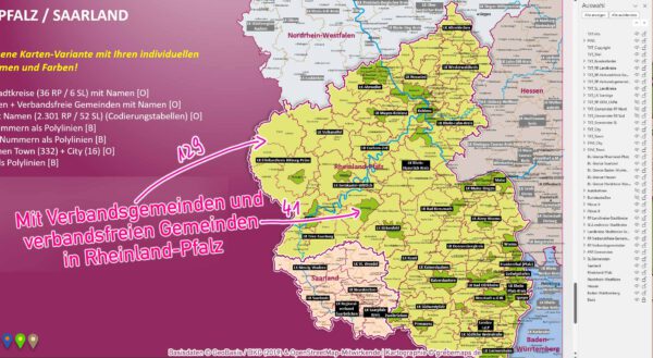 PowerPoint-Landkarte Rheinland-Pfalz Gemeinden Verbandsgemeinden Landkreise, PowerPoint-Landkarte Saarland Gemeinden, Vektorkarte, vector map, editierbar