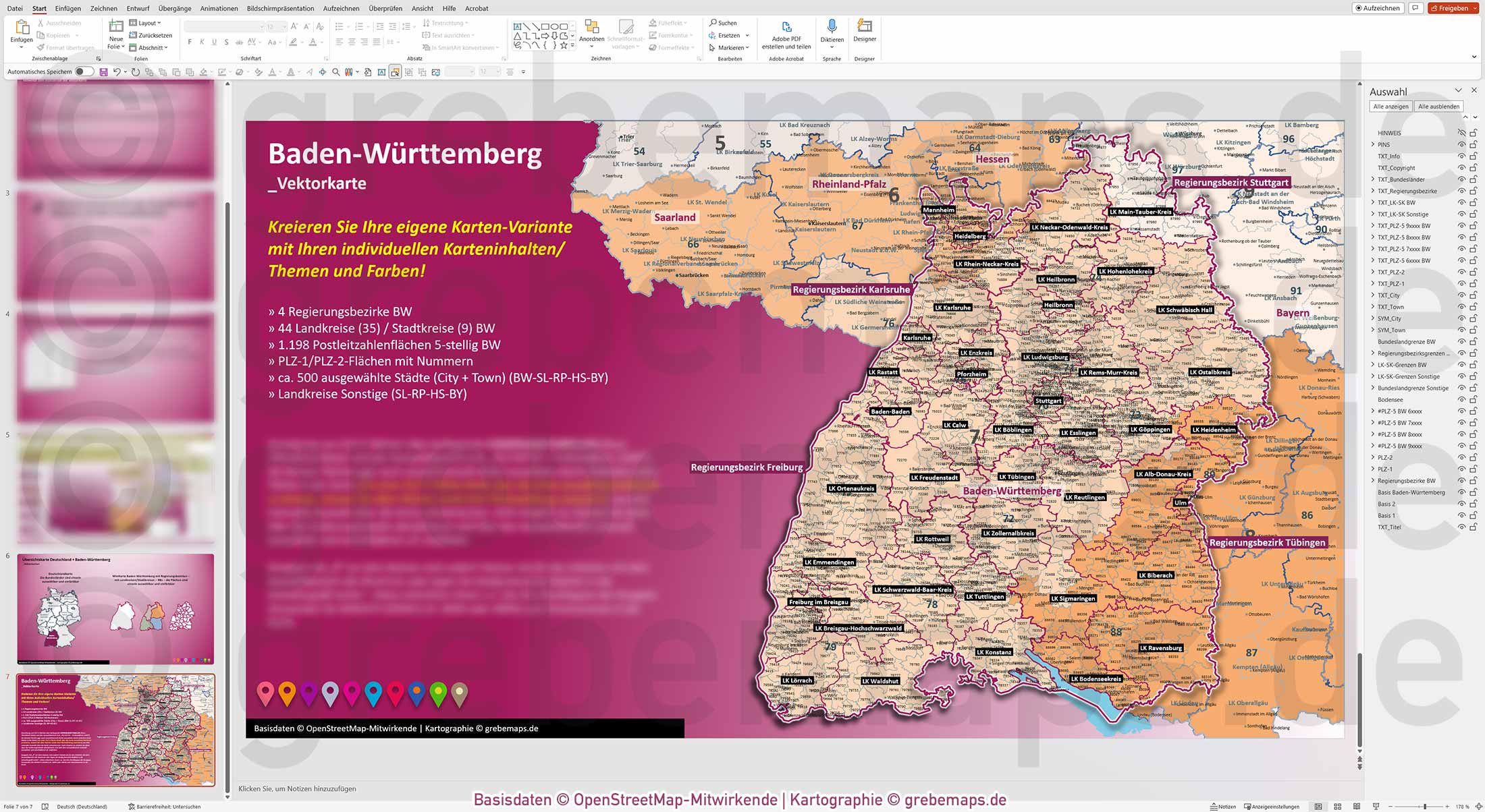 PowerPoint-Karte Baden-Württemberg Postleitzahlen PLZ 1-2-5-stellig Landkreise Regierungsbezirke einfärbbar bearbeitbar download - mit Deutschlandkarte [Digital] – Bild 16