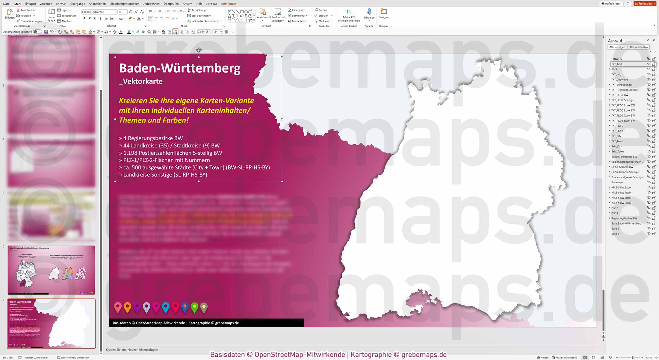 PowerPoint-Karte Baden-Württemberg Postleitzahlen PLZ 1-2-5-stellig Landkreise Regierungsbezirke einfärbbar bearbeitbar download - mit Deutschlandkarte [Digital] – Bild 15