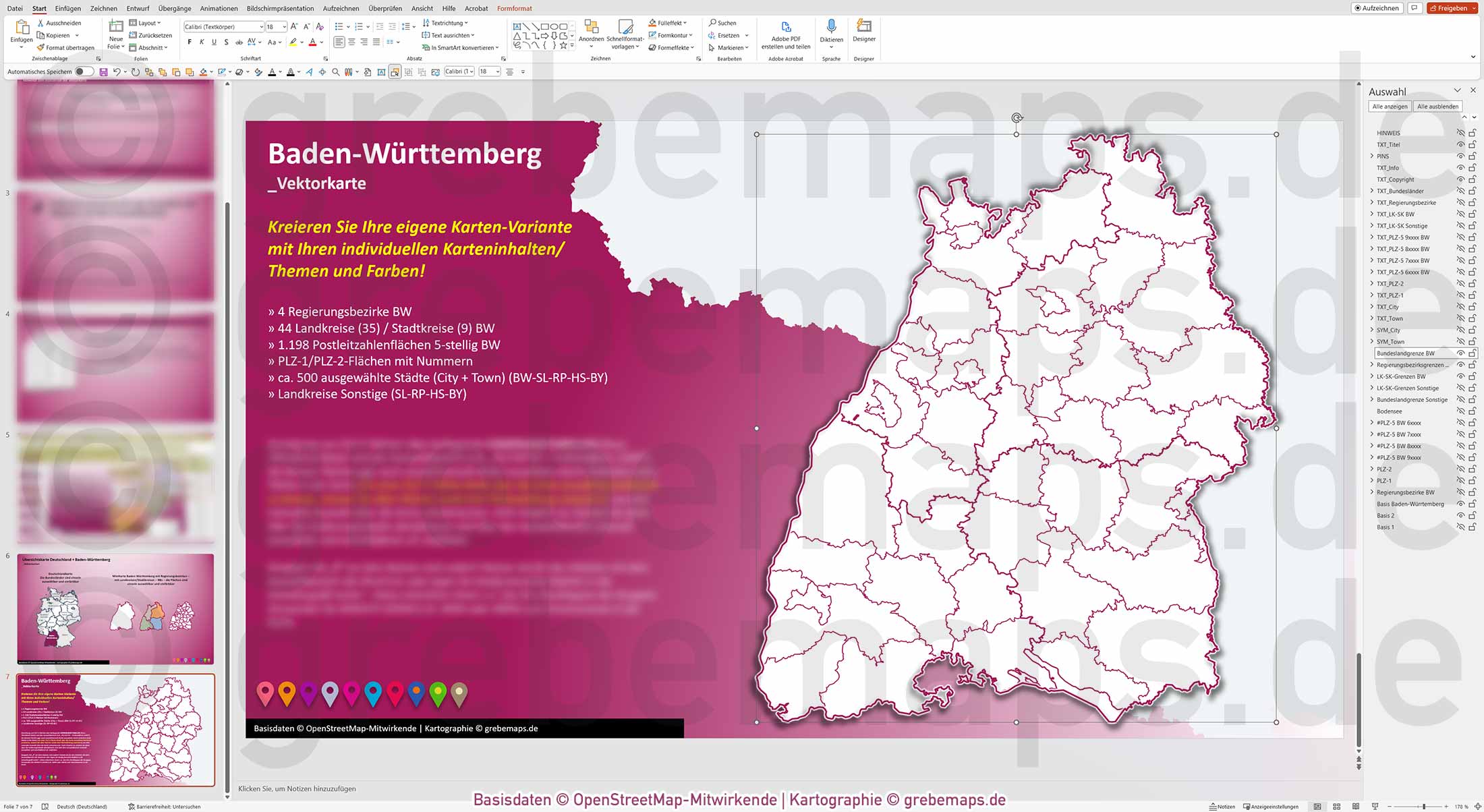 PowerPoint-Karte Baden-Württemberg Postleitzahlen PLZ 1-2-5-stellig Landkreise Regierungsbezirke einfärbbar bearbeitbar download - mit Deutschlandkarte [Digital] – Bild 14