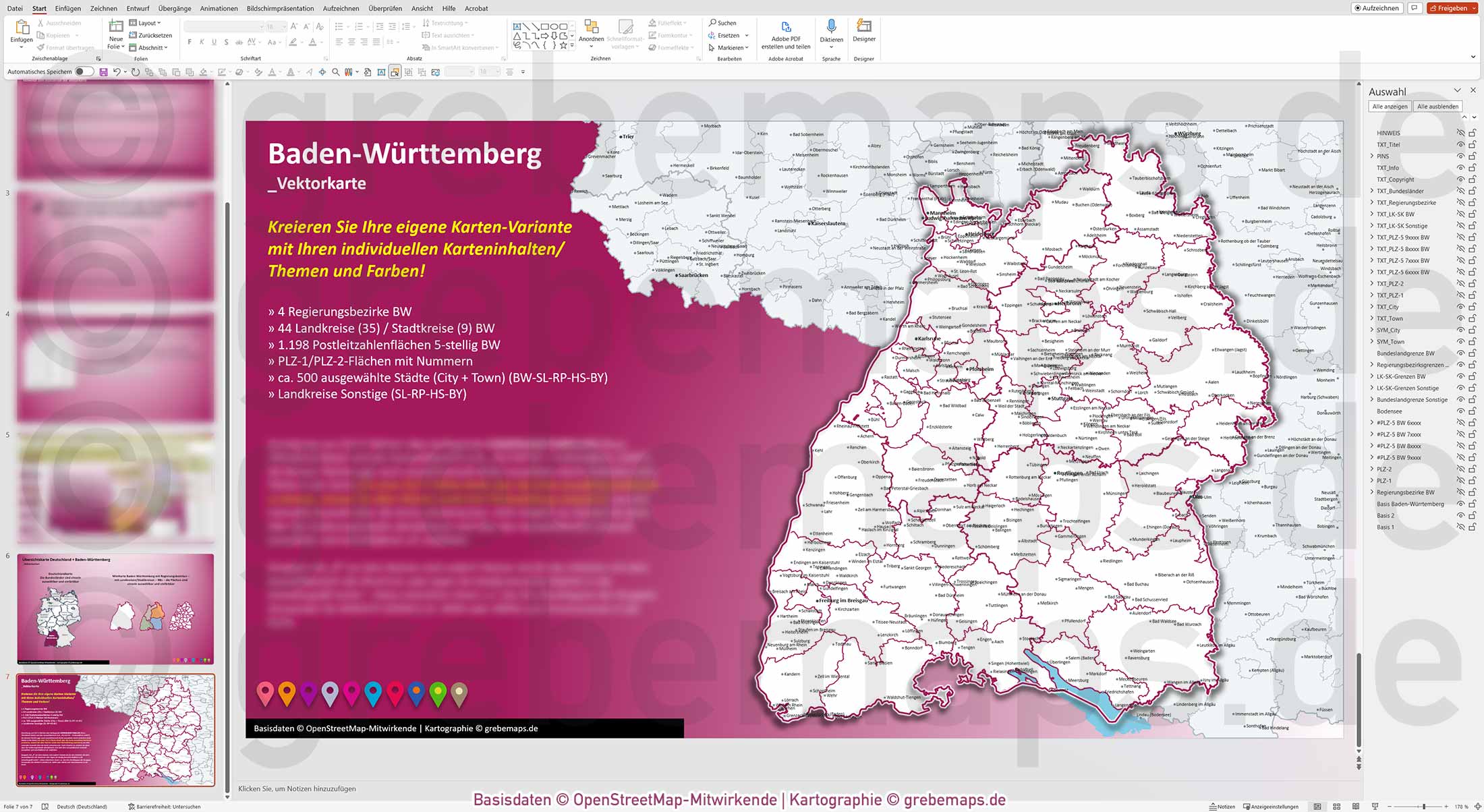 PowerPoint-Karte Baden-Württemberg Postleitzahlen PLZ 1-2-5-stellig Landkreise Regierungsbezirke einfärbbar bearbeitbar download - mit Deutschlandkarte [Digital] – Bild 13