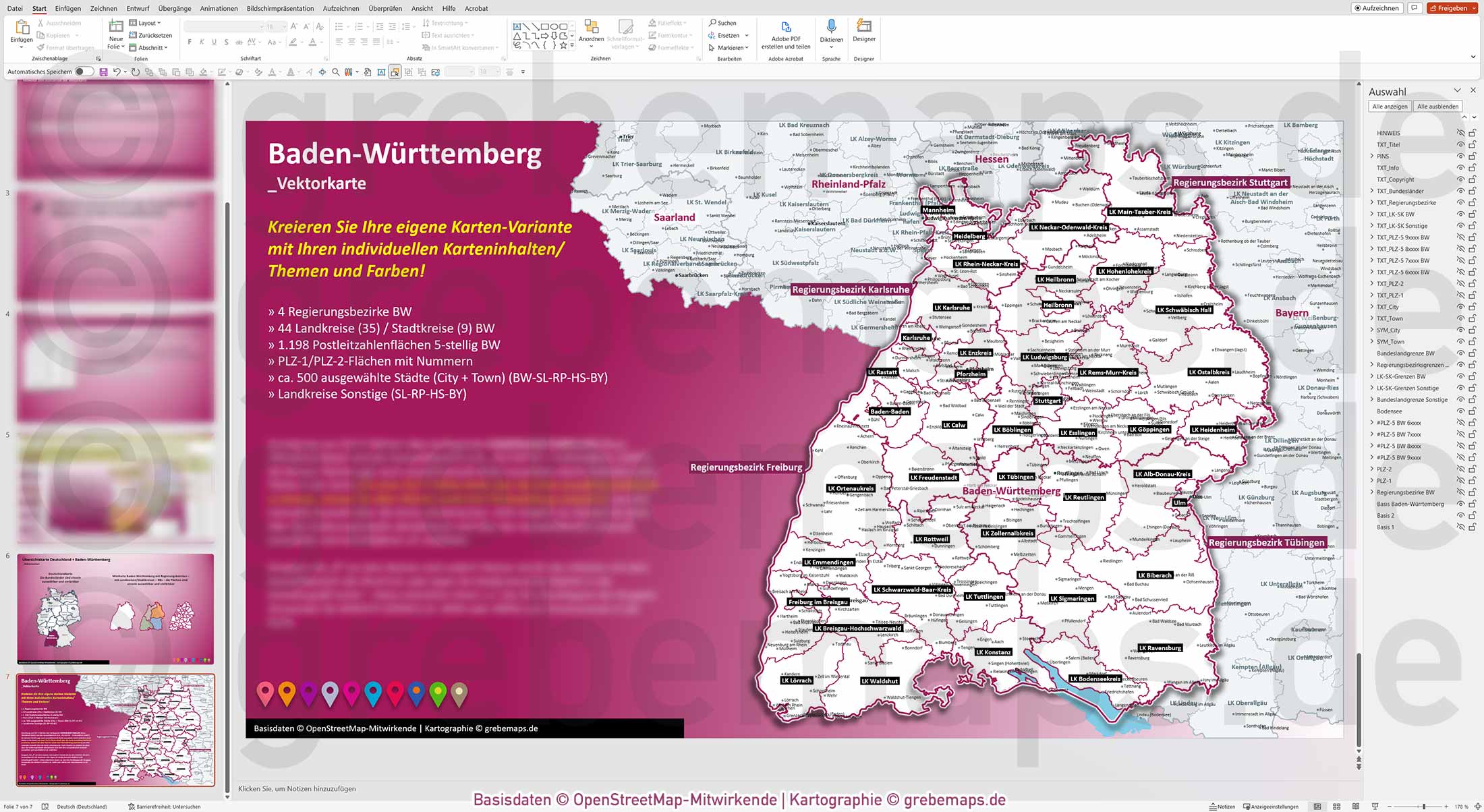 PowerPoint-Karte Baden-Württemberg Postleitzahlen PLZ 1-2-5-stellig Landkreise Regierungsbezirke einfärbbar bearbeitbar download - mit Deutschlandkarte [Digital] – Bild 12