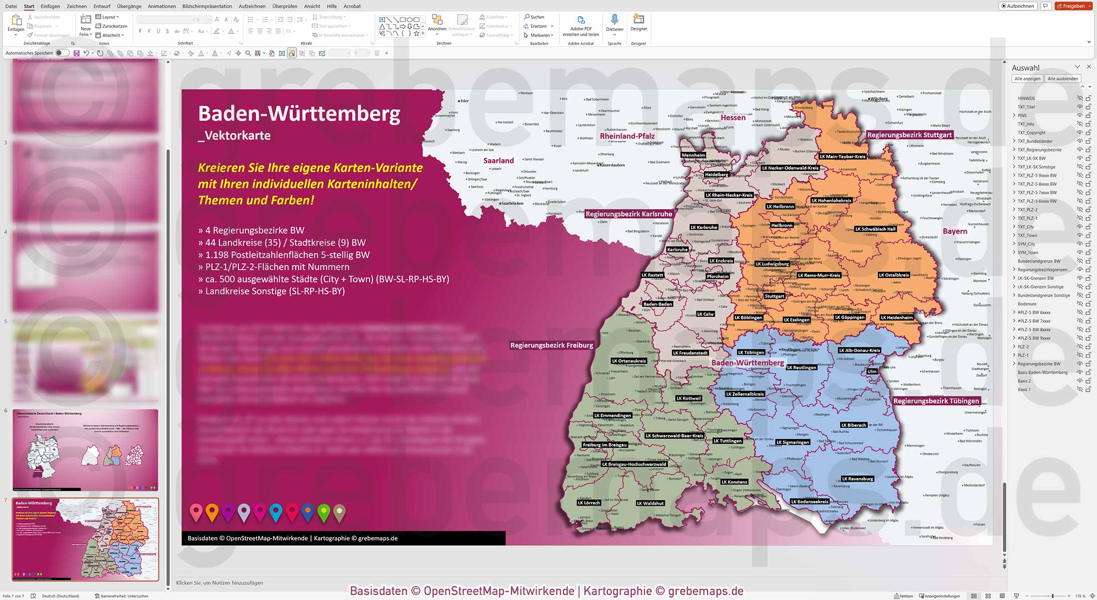 PowerPoint-Karte Baden-Württemberg Postleitzahlen PLZ 1-2-5-stellig Landkreise Regierungsbezirke einfärbbar bearbeitbar download - mit Deutschlandkarte [Digital] – Bild 11