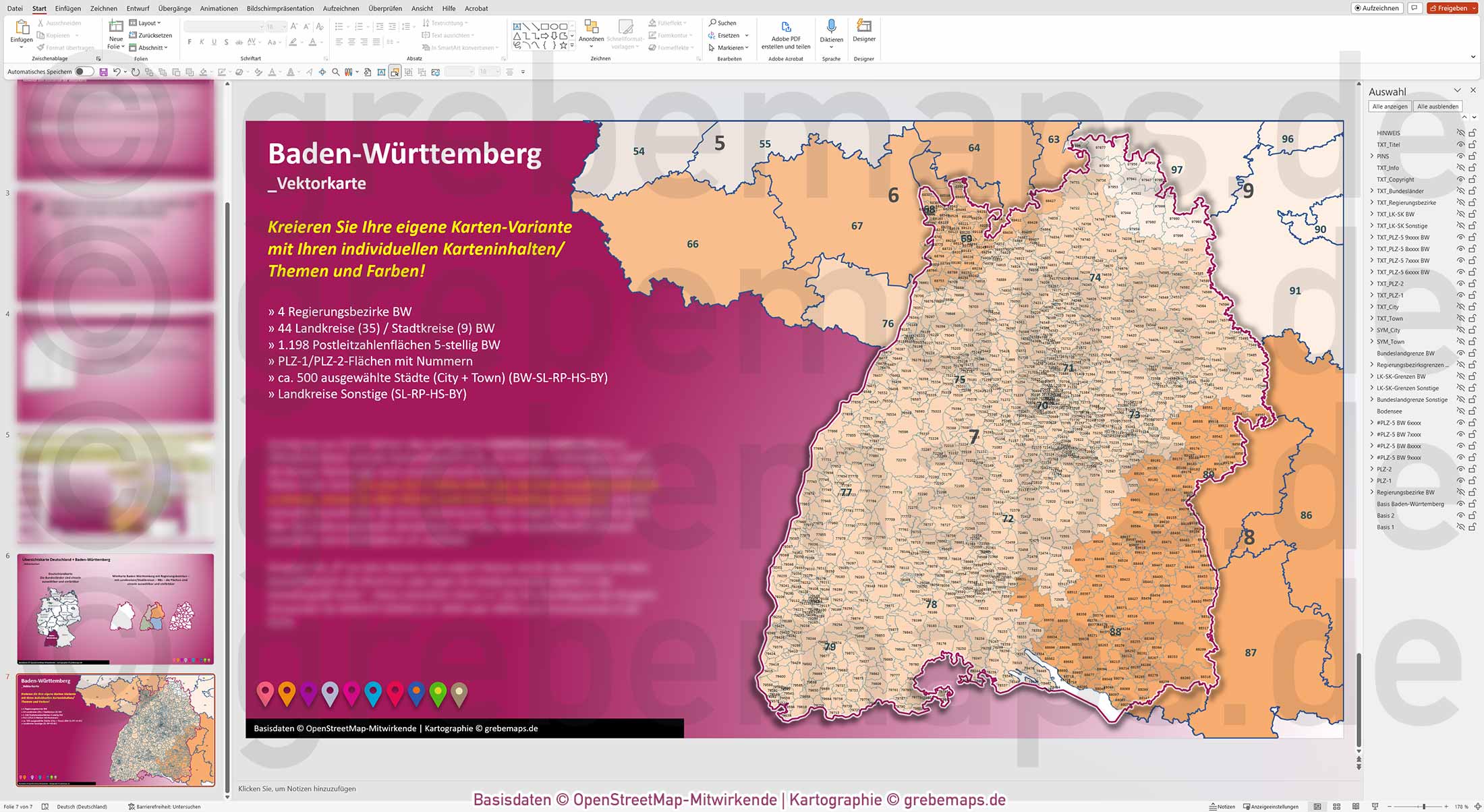 PowerPoint-Karte Baden-Württemberg Postleitzahlen PLZ 1-2-5-stellig Landkreise Regierungsbezirke einfärbbar bearbeitbar download - mit Deutschlandkarte [Digital] – Bild 8