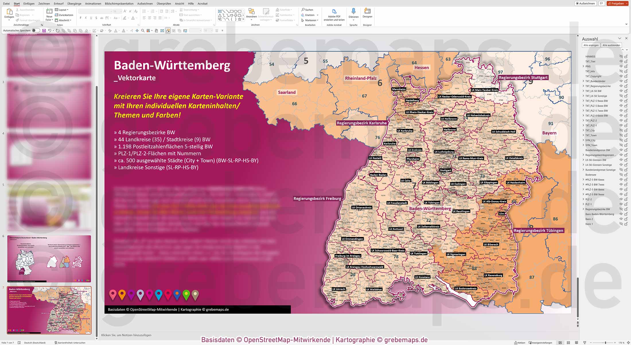 PowerPoint-Karte Baden-Württemberg Postleitzahlen PLZ 1-2-5-stellig Landkreise Regierungsbezirke einfärbbar bearbeitbar download - mit Deutschlandkarte [Digital] – Bild 7