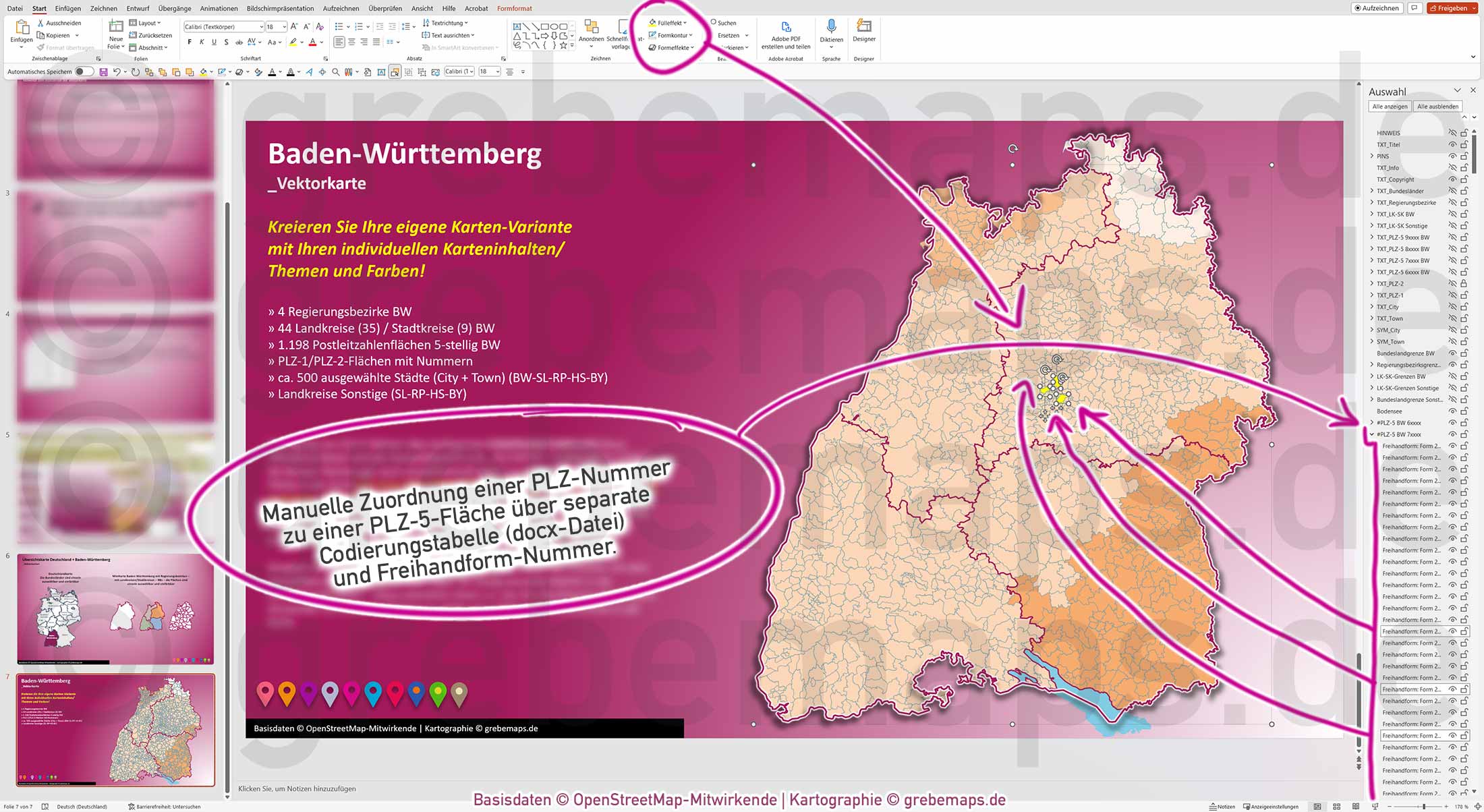 PowerPoint-Karte Baden-Württemberg Postleitzahlen PLZ 1-2-5-stellig Landkreise Regierungsbezirke einfärbbar bearbeitbar download - mit Deutschlandkarte [Digital] – Bild 3
