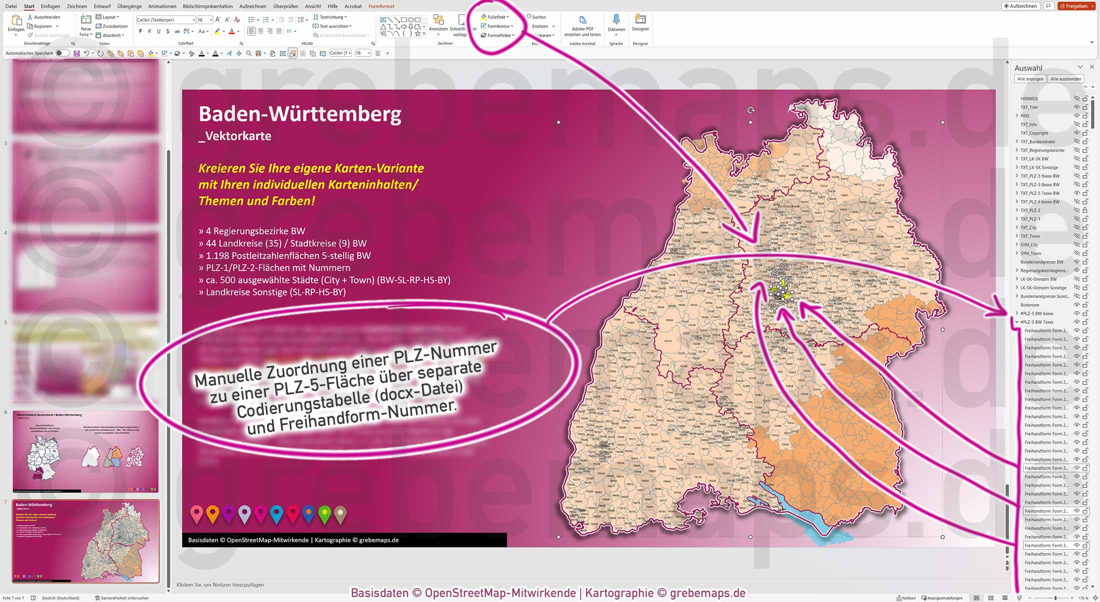 PowerPoint-Karte Baden-Württemberg Postleitzahlen PLZ 1-2-5-stellig Landkreise Regierungsbezirke einfärbbar bearbeitbar download - mit Deutschlandkarte [Digital] – Bild 4