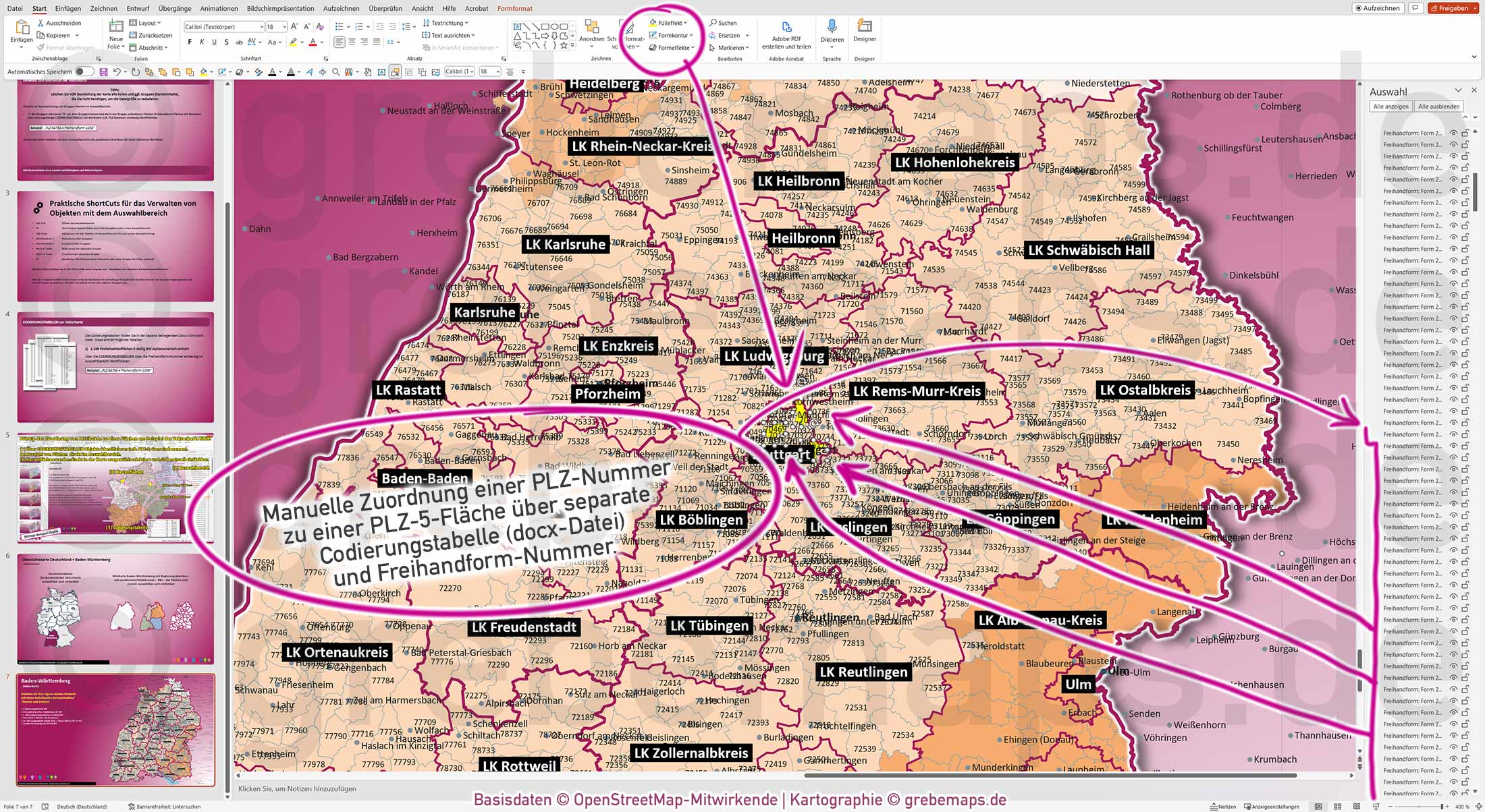 PowerPoint-Karte Baden-Württemberg Postleitzahlen PLZ 1-2-5-stellig Landkreise Regierungsbezirke einfärbbar bearbeitbar download - mit Deutschlandkarte [Digital] – Bild 6