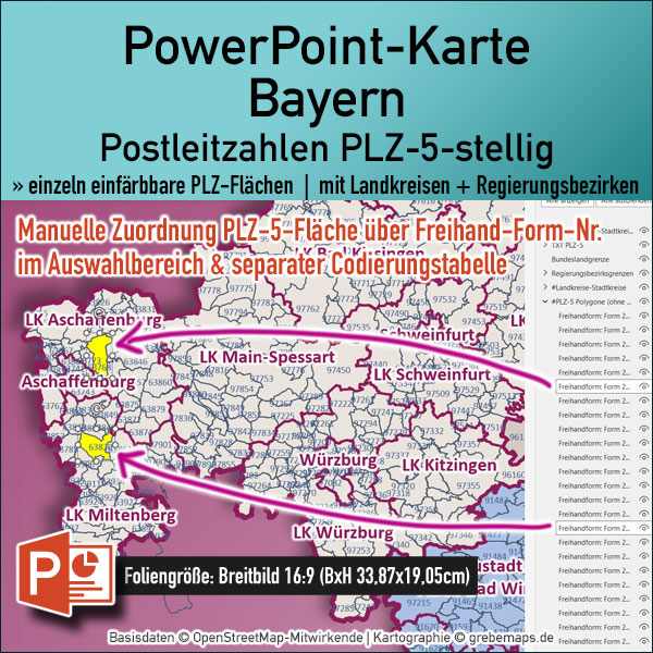 PowerPoint-Karte Bayern Postleitzahlen PLZ 5-stellig Landkreise Regierungsbezirke einfärbbar bearbeitbar download - mit Deutschlandkarte [Digital] – Bild 2