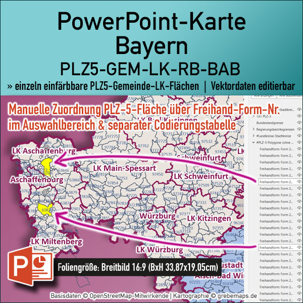 PowerPoint-Karte Bayern Postleitzahlen PLZ 5-stellig Gemeinden Landkreise Regierungsbezirke Autobahnen einfärbbar bearbeitbar download - mit Deutschlandkarte (V2) [Digital] – Bild 2