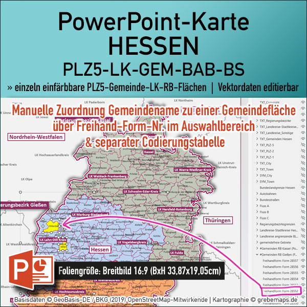 PowerPoint-Karte Hessen Postleitzahlen PLZ 5-stellig Gemeinden Landkreise Autobahnen einfärbbar bearbeitbar download - mit Deutschlandkarte [Digital] – Bild 3