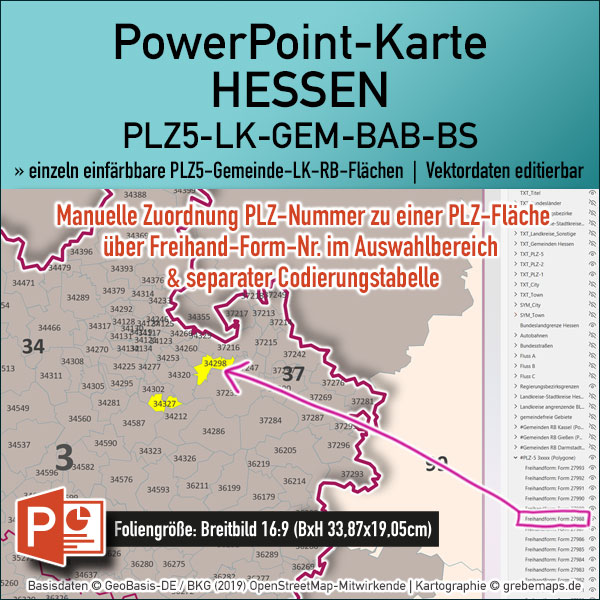PowerPoint-Karte Hessen Postleitzahlen PLZ 5-stellig Gemeinden Landkreise Autobahnen einfärbbar bearbeitbar download - mit Deutschlandkarte [Digital] – Bild 2