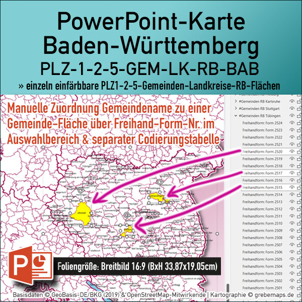 PowerPoint-Karte Baden-Württemberg Postleitzahlen PLZ 1-2-5-stellig Gemeinden Landkreise Regierungsbezirke Autobahnen einfärbbar bearbeitbar download - mit Deutschlandkarte (V2) [Digital] – Bild 2