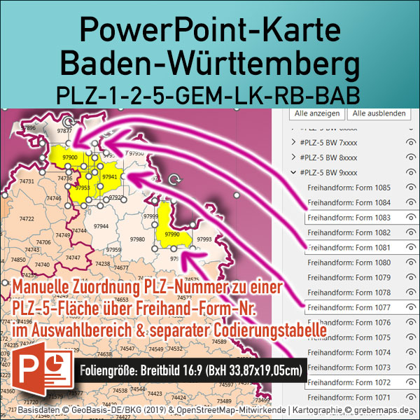 PowerPoint-Karte Baden-Württemberg Postleitzahlen PLZ 1-2-5-stellig Gemeinden Landkreise Regierungsbezirke Autobahnen einfärbbar bearbeitbar download - mit Deutschlandkarte (V2) [Digital] – Bild 3