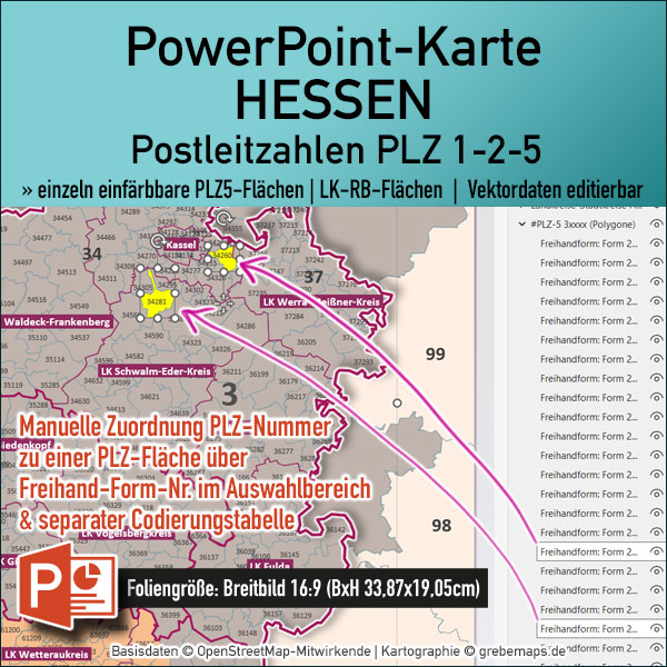 PowerPoint-Karte Hessen Postleitzahlen PLZ 1-2-5-stellig Landkreise einfärbbar bearbeitbar download - mit Deutschlandkarte [Digital] – Bild 2