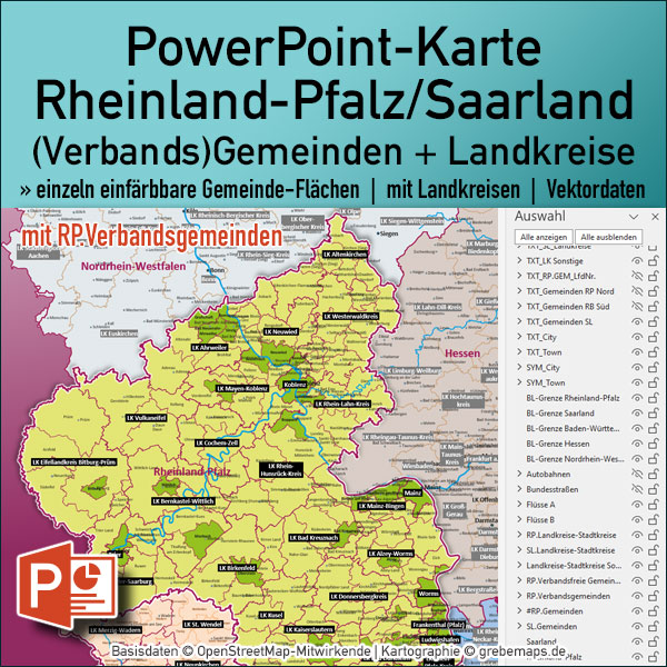 PowerPoint-Landkarte Rheinland-Pfalz Gemeinden Verbandsgemeinden Landkreise, PowerPoint-Landkarte Saarland Gemeinden, Vektorkarte, vector map, editierbar