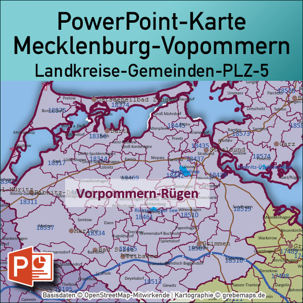 PowerPoint-Karte Mecklenburg-Vorpommern Gemeinden Landkreise Postleitzahlen PLZ-5 / Basiskarte Meck-Pom MV aus Vektordaten einfärbbar bearbeitbar – mit Deutschlandkarte [Digital] – Bild 2