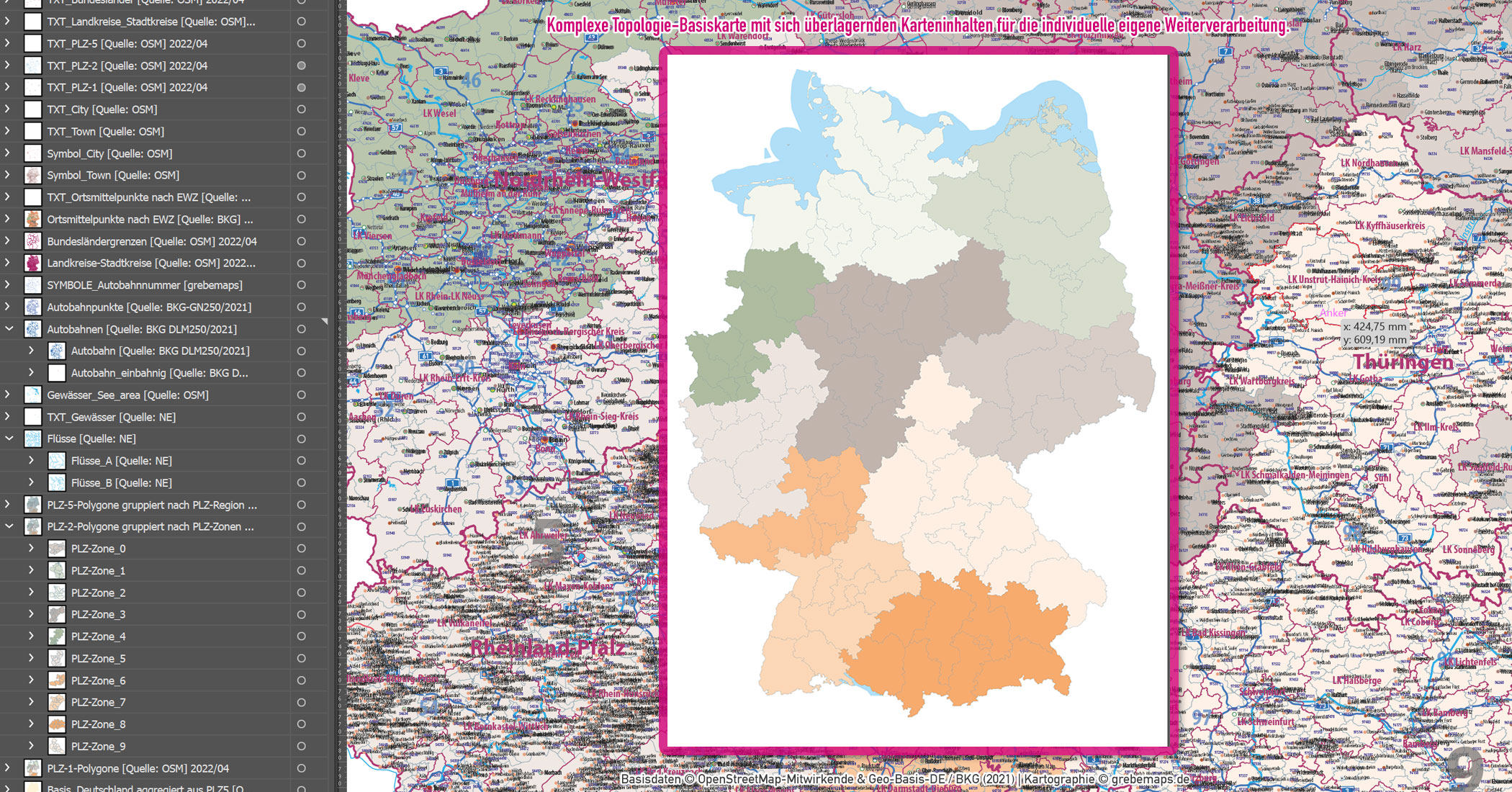 Deutschland Postleitzahlen Karte PLZ-1-2-5 (1-/2-/5-stellig) mit Landkreisen Ortsmittelpunkten Autobahnen Vektorkarte (2022/23) [Digital] – Bild 12