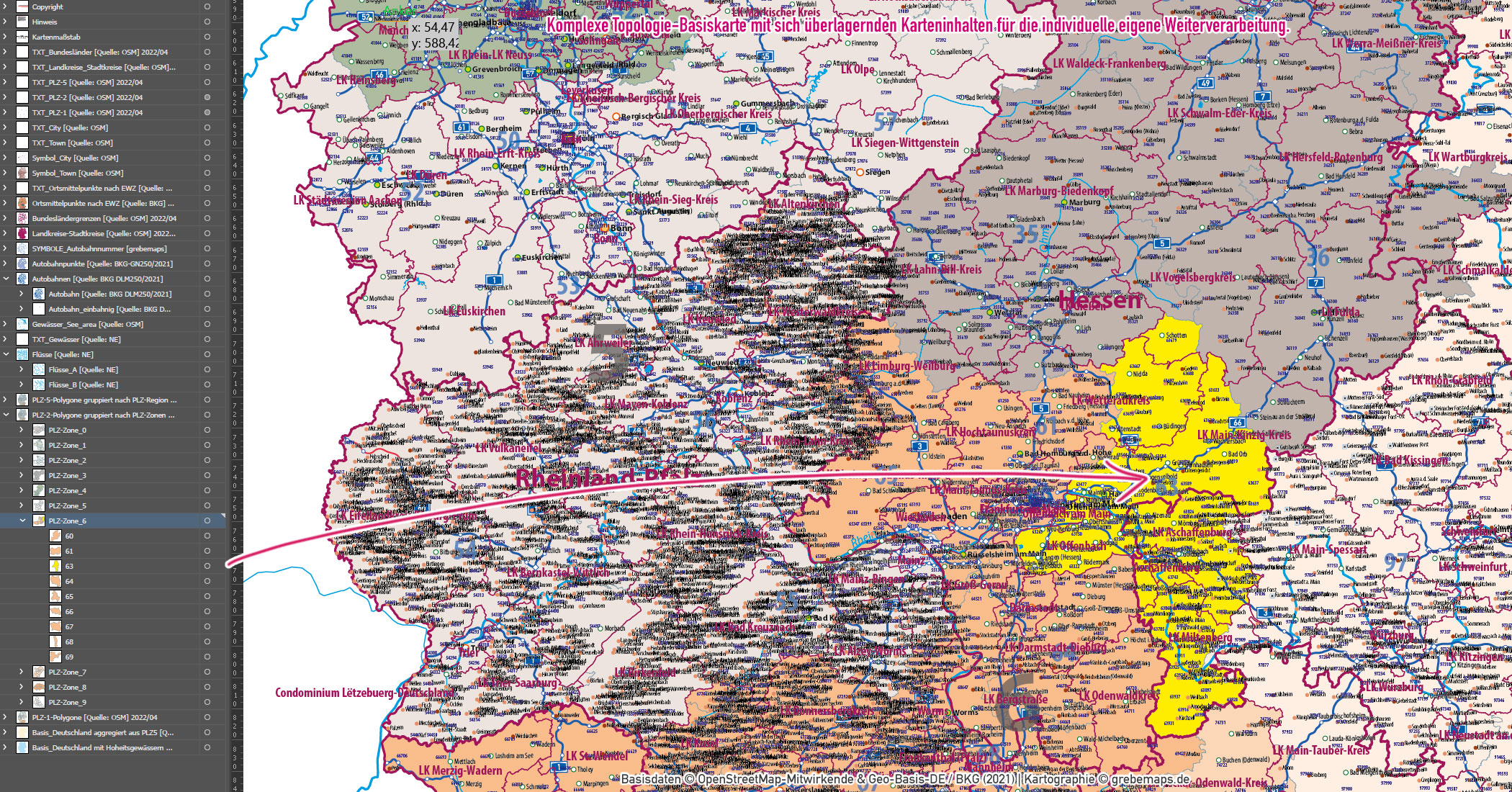 Deutschland Postleitzahlen Karte PLZ-1-2-5 (1-/2-/5-stellig) mit Landkreisen Ortsmittelpunkten Autobahnen Vektorkarte (2022/23) [Digital] – Bild 5