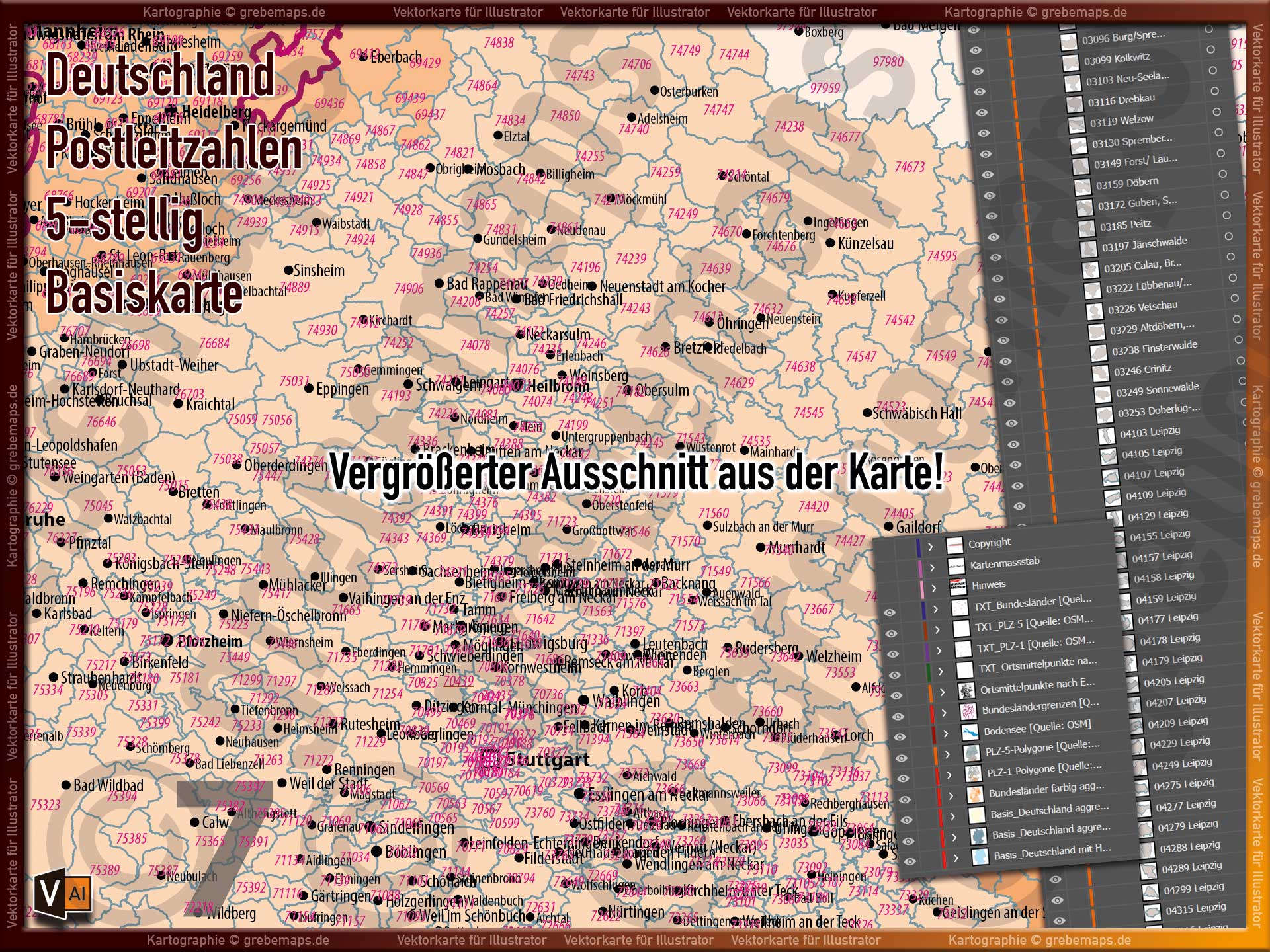 Deutschland Postleitzahlen Karte PLZ-1-5 (1-/5-stellig) - Vektorkarte Basiskarte (2022/23) - Postleitzahlenkarte [Digital] – Bild 9