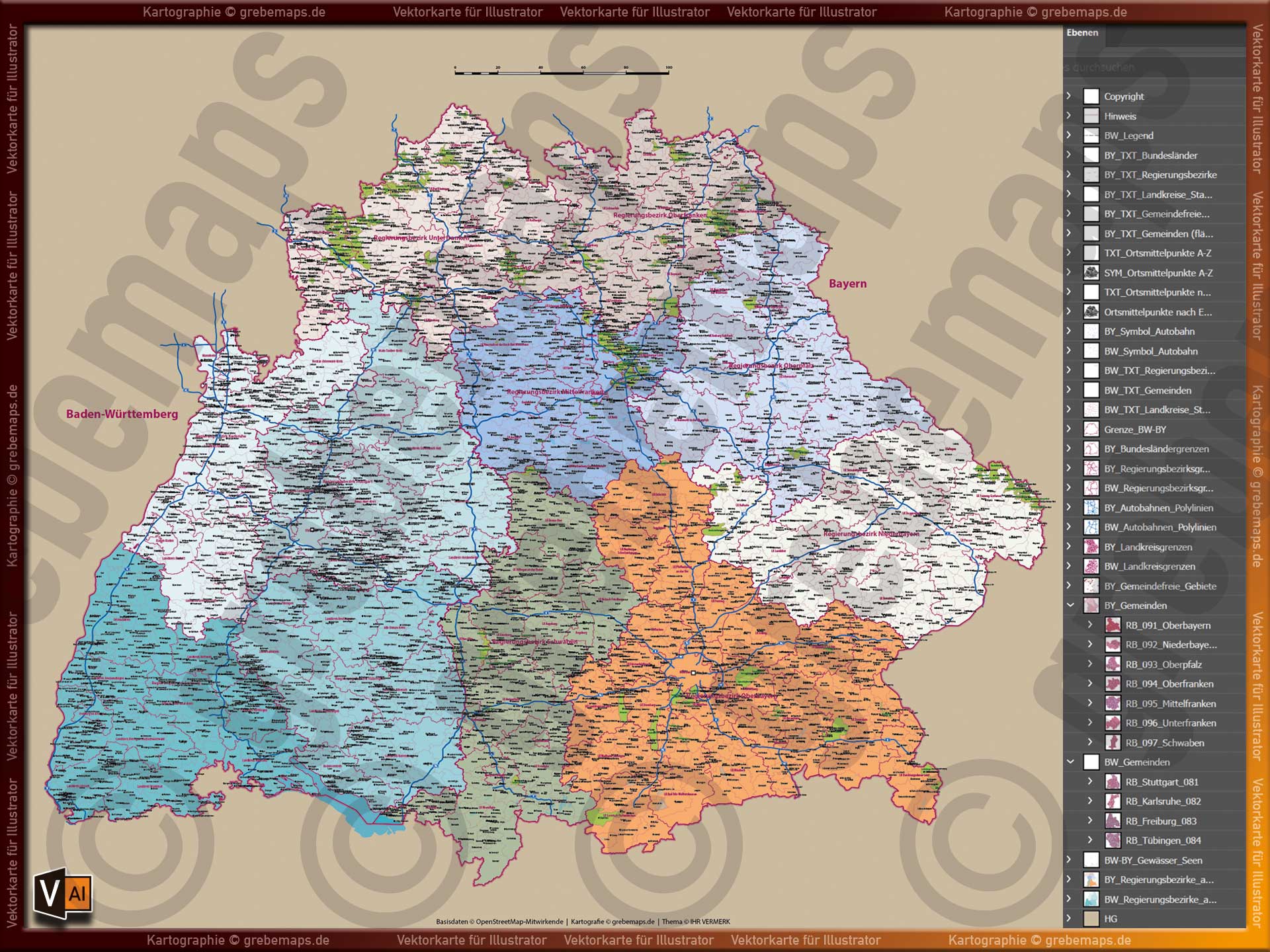 Baden-Württemberg Bayern Vektorkarte Landkarte Regierungsbezirke Landkreise Gemeinden Autobahnen [Digital] – Bild 5