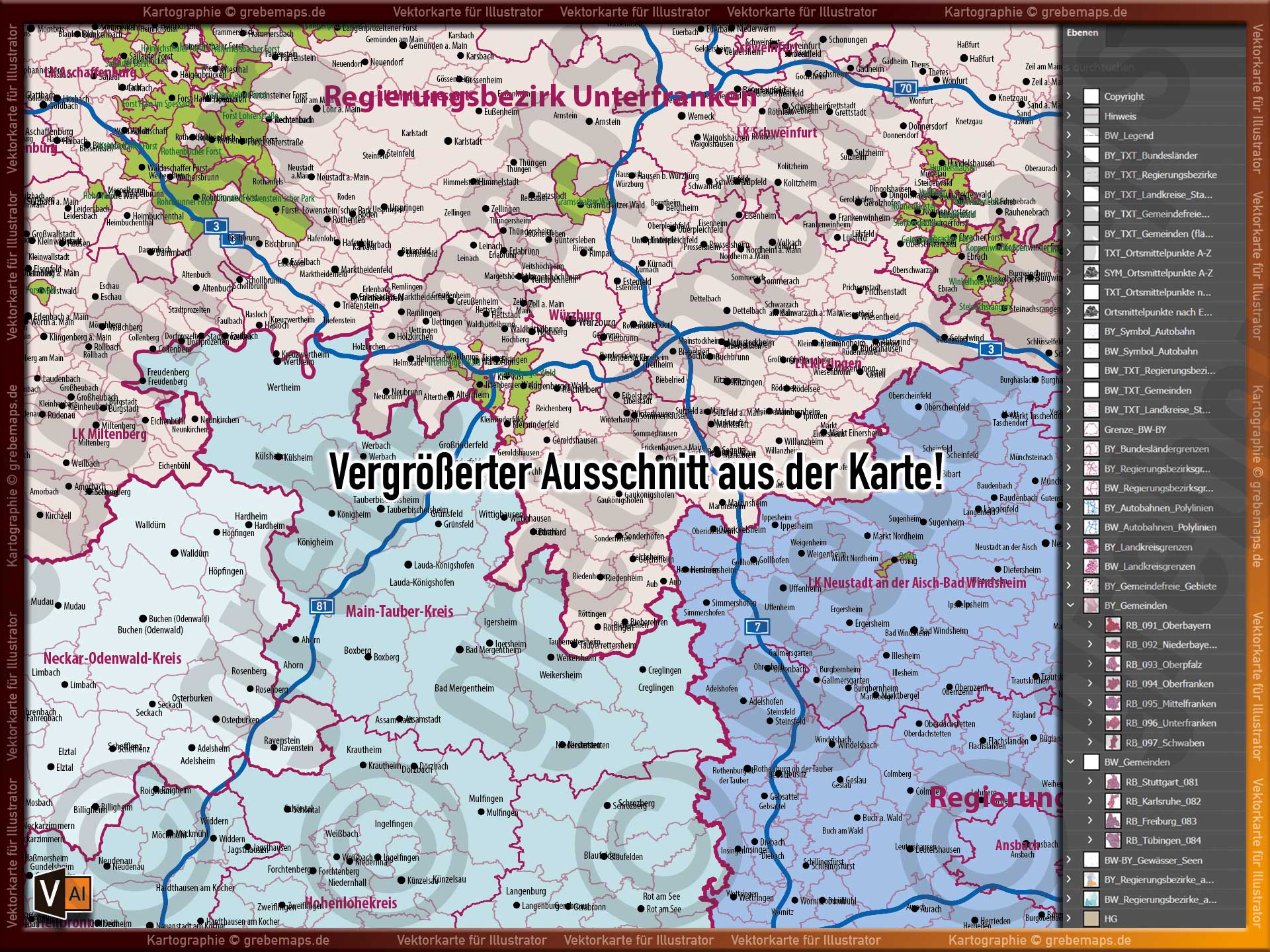 Baden-Württemberg Bayern Vektorkarte Landkarte Regierungsbezirke Landkreise Gemeinden Autobahnen [Digital] – Bild 7