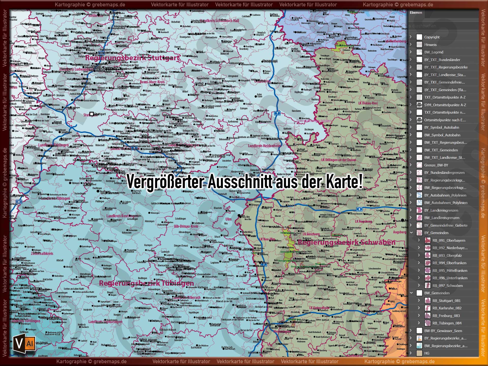 Baden-Württemberg Bayern Vektorkarte Landkarte Regierungsbezirke Landkreise Gemeinden Autobahnen [Digital] – Bild 6