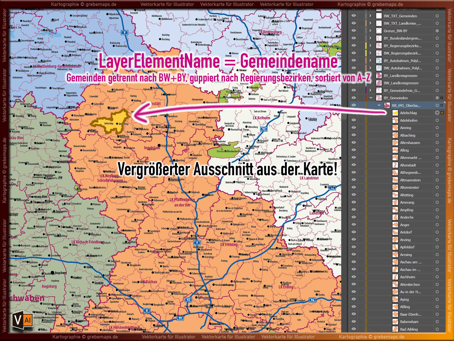 Baden-Württemberg Bayern Vektorkarte Landkarte Regierungsbezirke Landkreise Gemeinden Autobahnen [Digital] – Bild 4