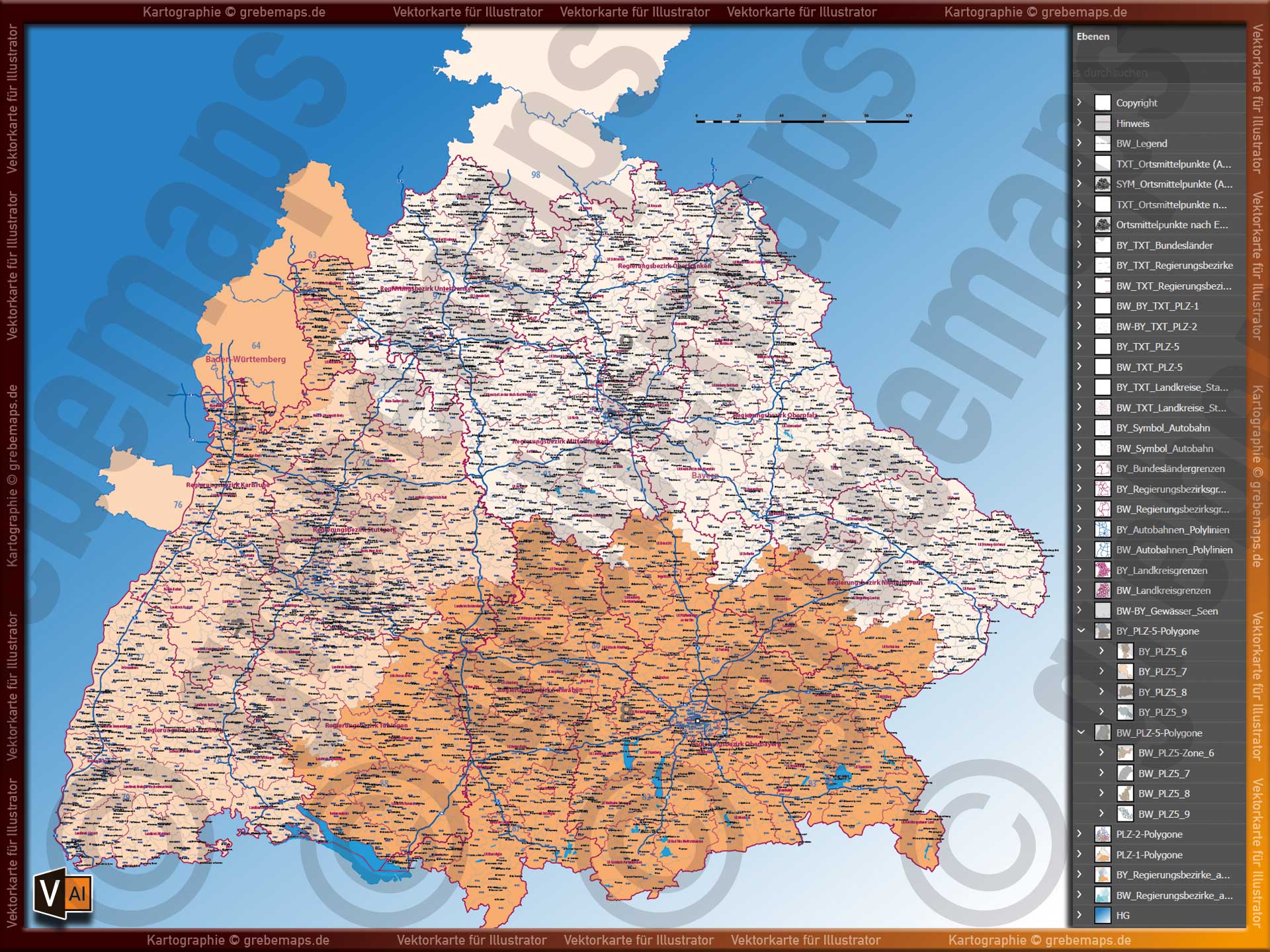 Baden-Württemberg Bayern Vektorkarte Landkarte Regierungsbezirke Landkreise Postleitzahlen PLZ 1-2-5-stellig Autobahnen [Digital] – Bild 5