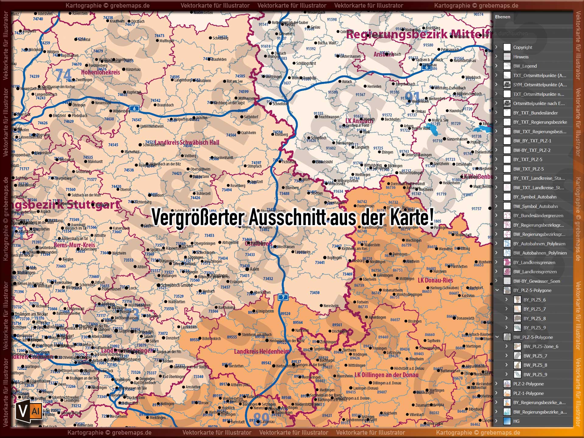 Baden-Württemberg Bayern Vektorkarte Landkarte Regierungsbezirke Landkreise Postleitzahlen PLZ 1-2-5-stellig Autobahnen [Digital] – Bild 6