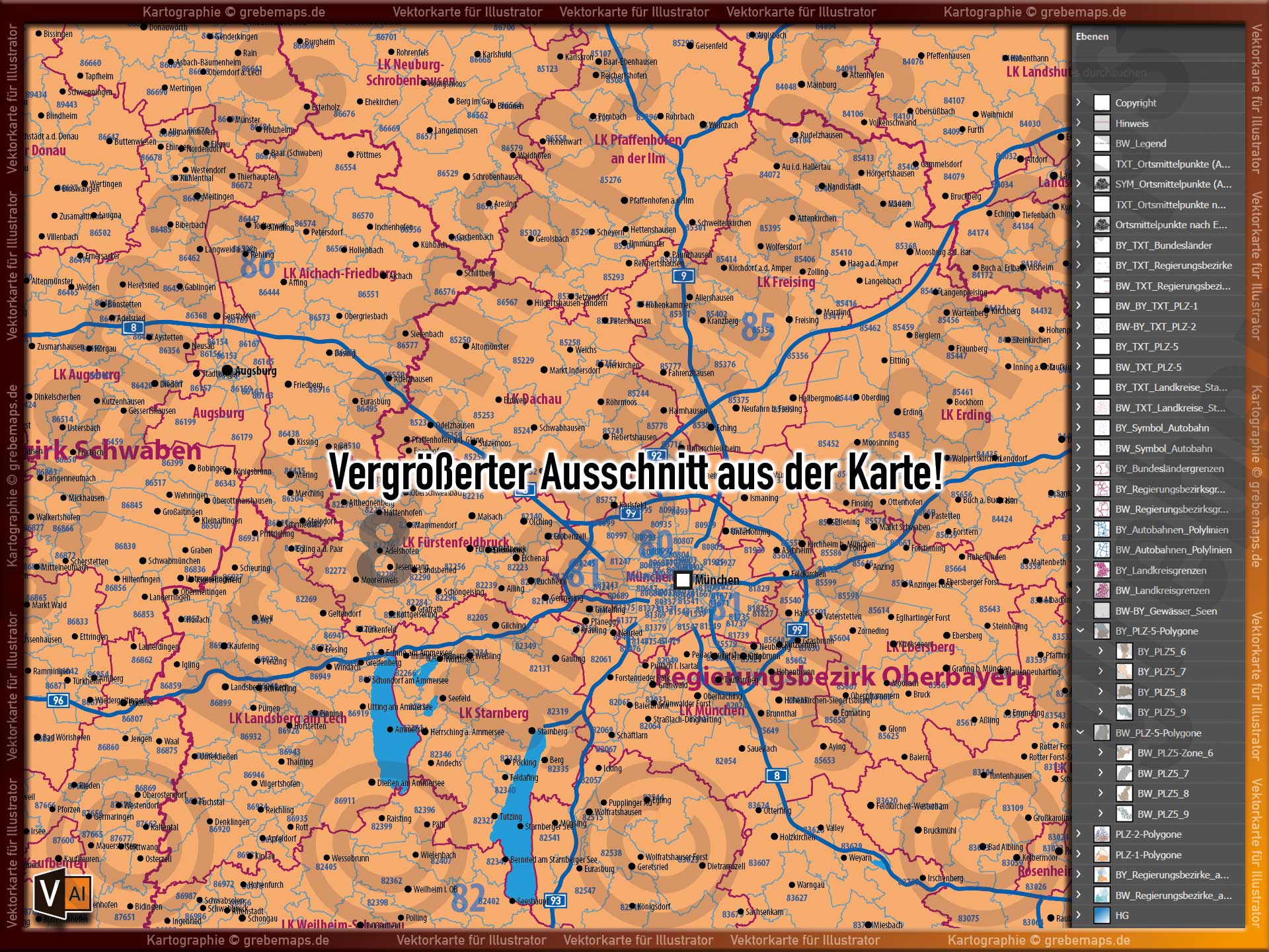 Baden-Württemberg Bayern Vektorkarte Landkarte Regierungsbezirke Landkreise Postleitzahlen PLZ 1-2-5-stellig Autobahnen [Digital] – Bild 7