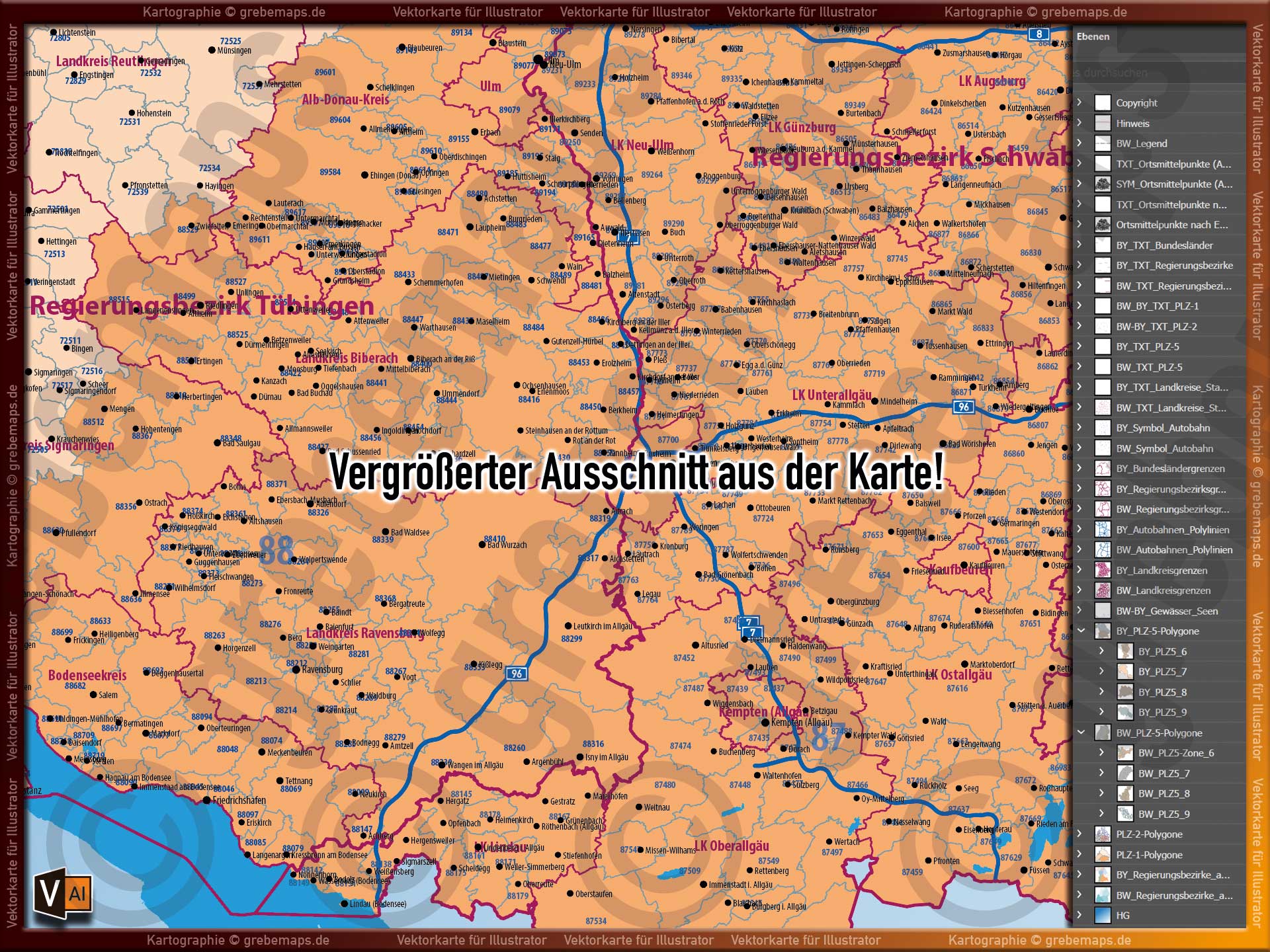 Baden-Württemberg Bayern Vektorkarte Landkarte Regierungsbezirke Landkreise Postleitzahlen PLZ 1-2-5-stellig Autobahnen [Digital] – Bild 8