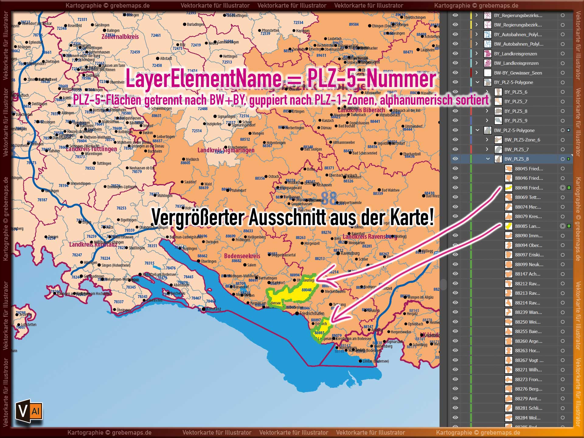 Baden-Württemberg Bayern Vektorkarte Landkarte Regierungsbezirke Landkreise Postleitzahlen PLZ 1-2-5-stellig Autobahnen [Digital] – Bild 4