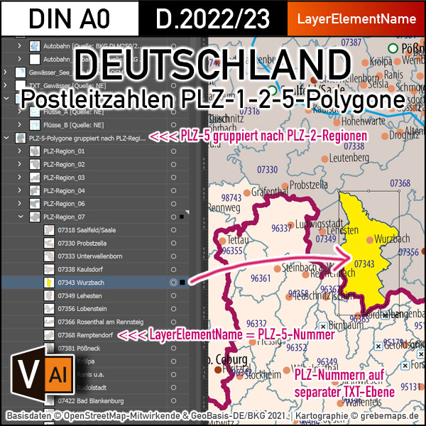 Deutschland Postleitzahlen Karte PLZ-1-2-5 (1-/2-/5-stellig) mit Landkreisen Ortsmittelpunkten Autobahnen Vektorkarte (2022/23) [Digital] – Bild 2