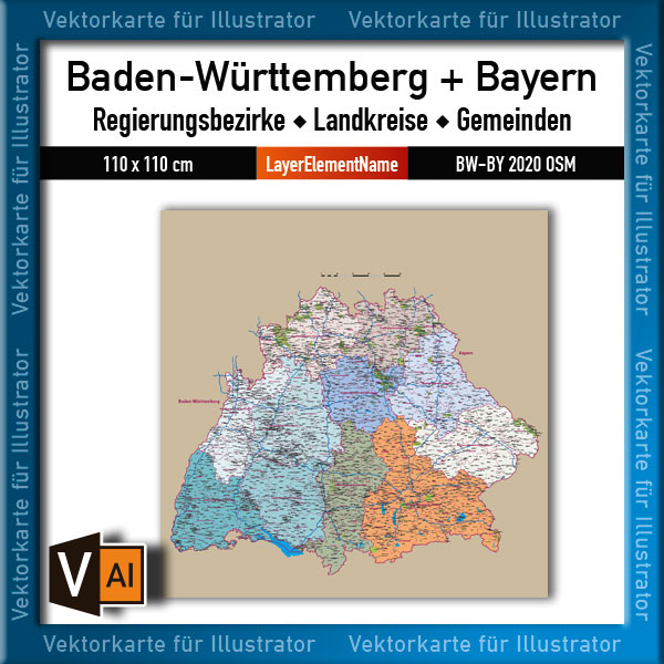 Karte Baden-Württemberg Bayern Landkreise Gemeinden Regierungsbezirke Landkarte Vektorkarte vector map editierbar ebenen-separiert download AI-Datei Illustrator
