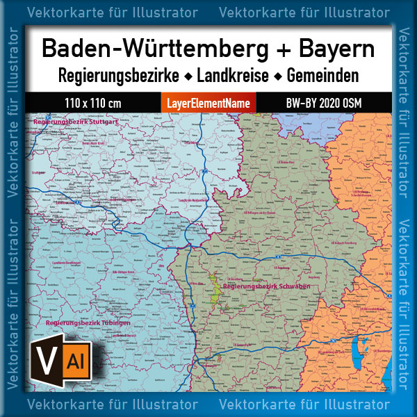 Baden-Württemberg Bayern Vektorkarte Landkarte Regierungsbezirke Landkreise Gemeinden Autobahnen [Digital] – Bild 3