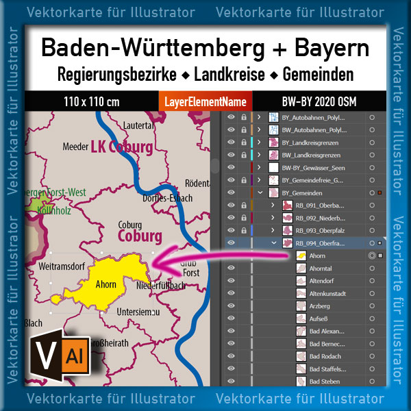 Baden-Württemberg Bayern Vektorkarte Landkarte Regierungsbezirke Landkreise Gemeinden Autobahnen [Digital] – Bild 2