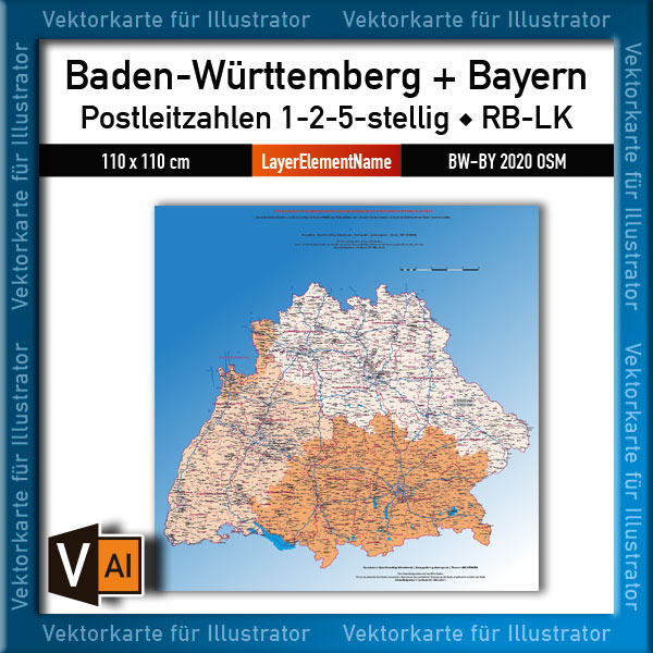 Vektorkarte Baden-Württemberg Bayern Postleitzahlen 5-stellig Landkreise Landkarte vector map vektordaten editierbar ebenen-separiert download Karte