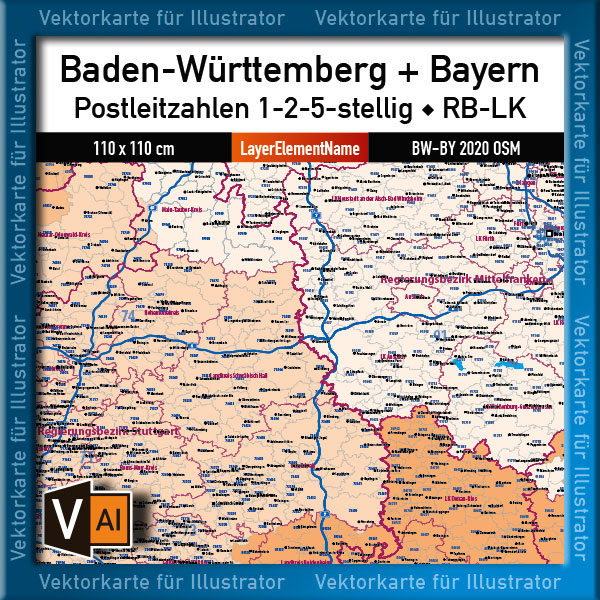 Baden-Württemberg Bayern Vektorkarte Landkarte Regierungsbezirke Landkreise Postleitzahlen PLZ 1-2-5-stellig Autobahnen [Digital] – Bild 3