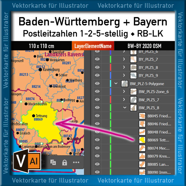 Baden-Württemberg Bayern Vektorkarte Landkarte Regierungsbezirke Landkreise Postleitzahlen PLZ 1-2-5-stellig Autobahnen [Digital] – Bild 2