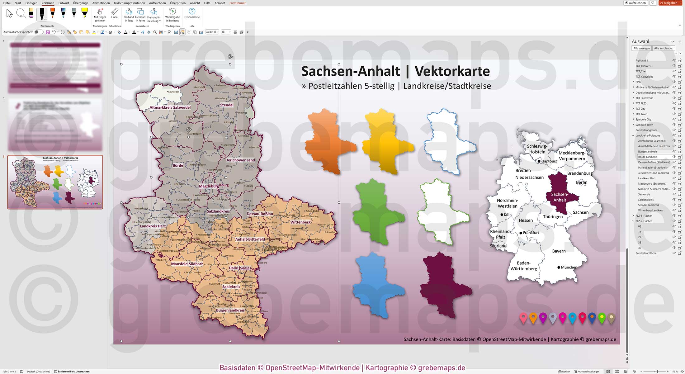 PowerPoint-Karte Sachsen-Anhalt Postleitzahlen PLZ 5-stellig Landkreise / Landkarte Basiskarte aus Vektordaten einfärbbar bearbeitbar - mit Deutschlandkarte [Digital] – Bild 8