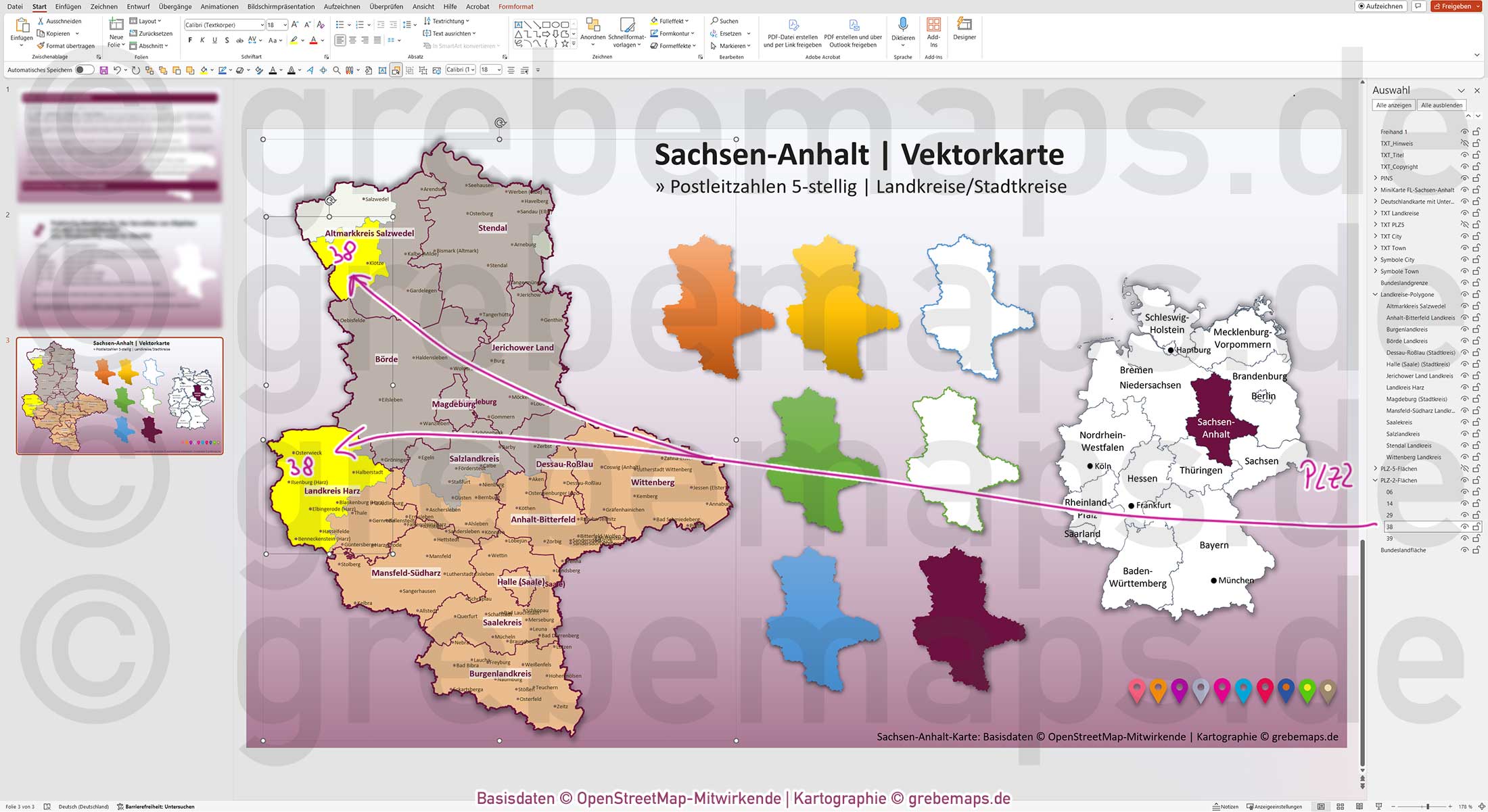 PowerPoint-Karte Sachsen-Anhalt Postleitzahlen PLZ 5-stellig Landkreise / Landkarte Basiskarte aus Vektordaten einfärbbar bearbeitbar - mit Deutschlandkarte [Digital] – Bild 7