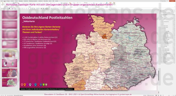 Postleitzahlenkarte Ostdeutschland Mitteldeutschland PowerPoint, PowerPoint-Karte Ostdeutschland Postleitzahlen, PowerPoint-Landkarte Ostdeutschland PowerPoint PLZ, PLZ-Karte Ostdeutschland PowerPoint, Vektordaten, Vektorkarte, einfärbbar, bearbeitbar, einzelne Flächen