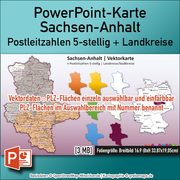 PowerPoint-Landkarte Sachsen-Anhalt Postleitzahlen, PowerPoint Karte Sachsen-Anhalt Postleitzahlen PLZ 5-stellig einzelne Flächen einfärbbar bearbeitbar